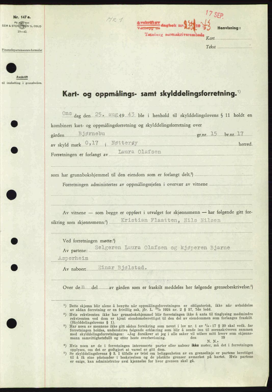 Tønsberg sorenskriveri, AV/SAKO-A-130/G/Ga/Gaa/L0013: Pantebok nr. A13, 1943-1943, Dagboknr: 2331/1943