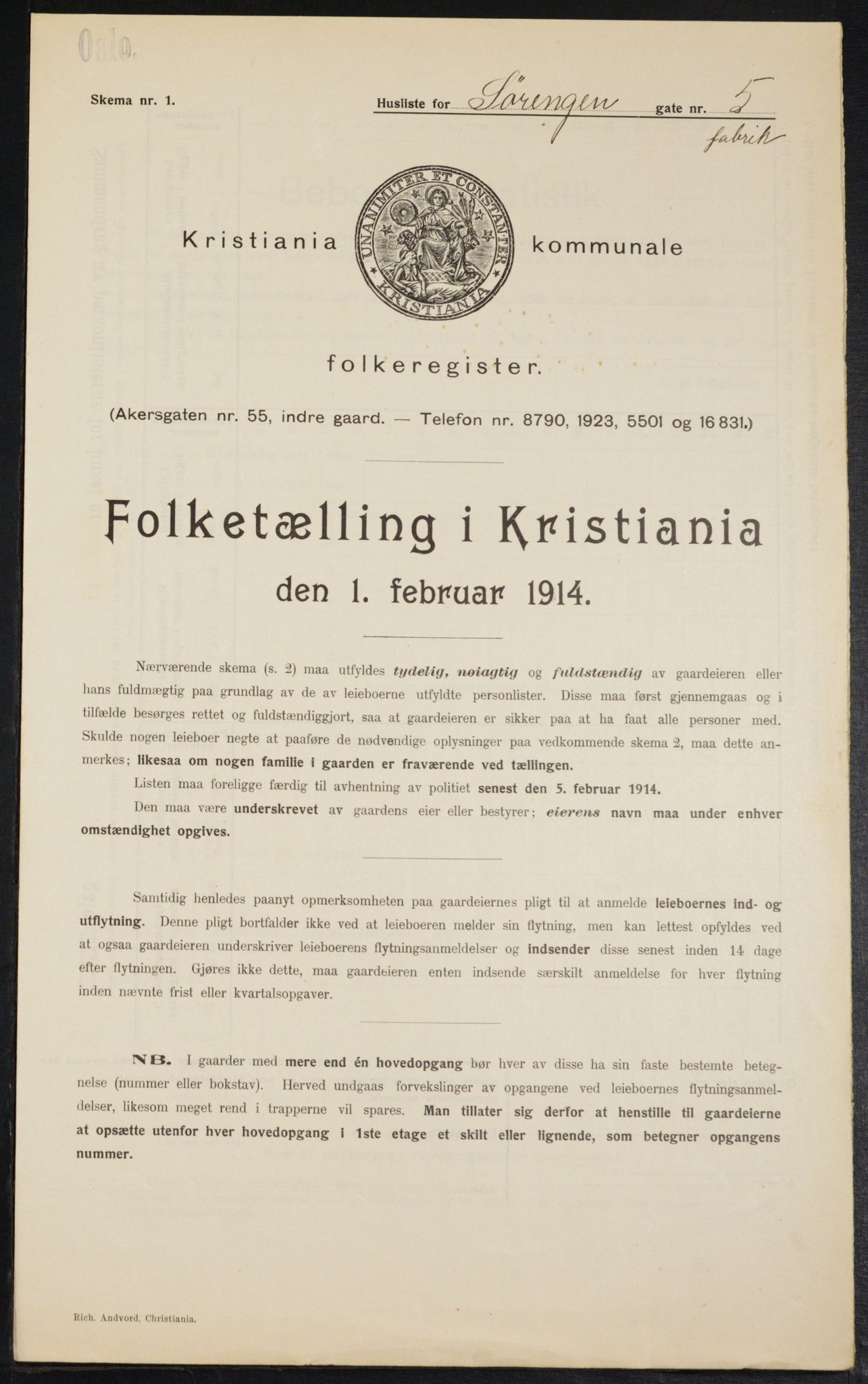 OBA, Kommunal folketelling 1.2.1914 for Kristiania, 1914, s. 107111