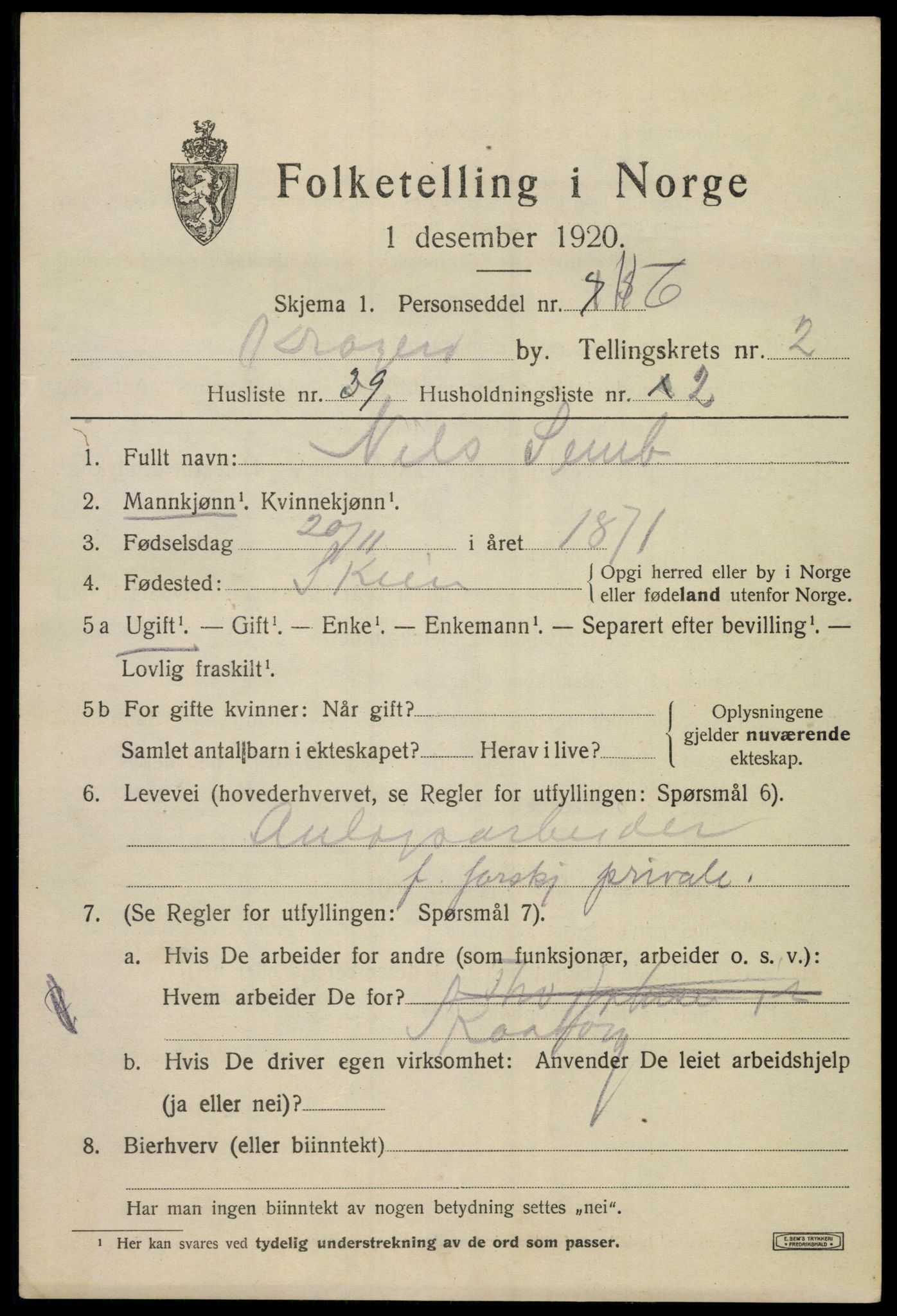 SAKO, Folketelling 1920 for 0801 Kragerø kjøpstad, 1920, s. 5827