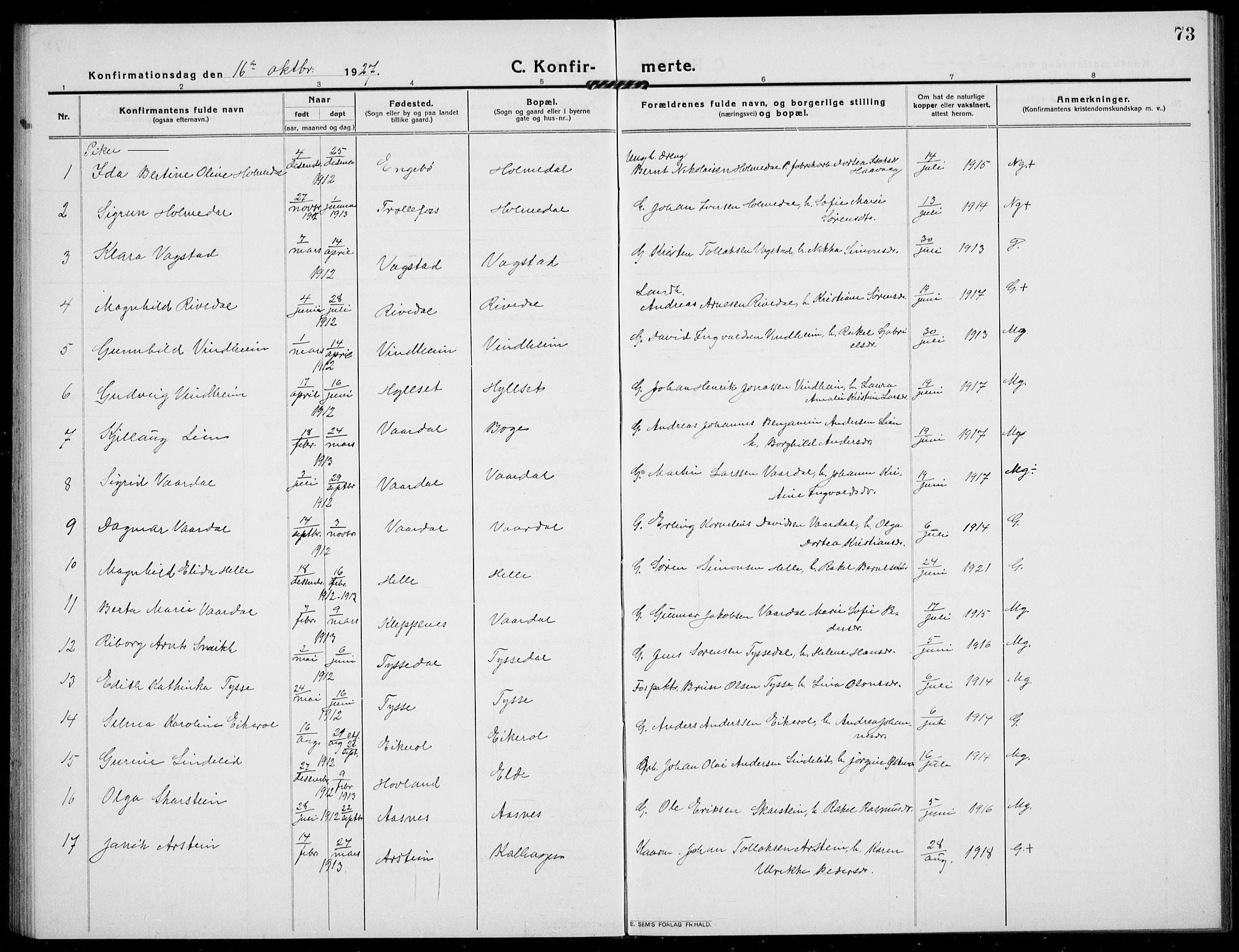 Fjaler sokneprestembete, AV/SAB-A-79801/H/Hab/Habb/L0003: Klokkerbok nr. B 3, 1913-1940, s. 73