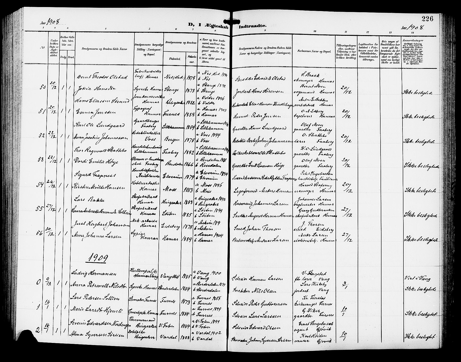 Hamar prestekontor, AV/SAH-DOMPH-002/H/Ha/Hab/L0001: Klokkerbok nr. 1, 1899-1914, s. 226
