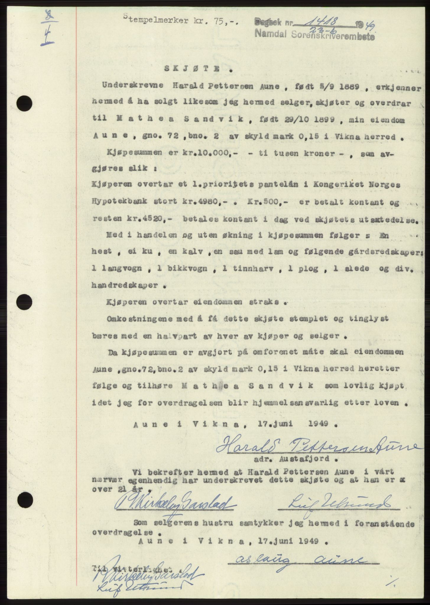 Namdal sorenskriveri, SAT/A-4133/1/2/2C: Pantebok nr. -, 1949-1949, Dagboknr: 1418/1949