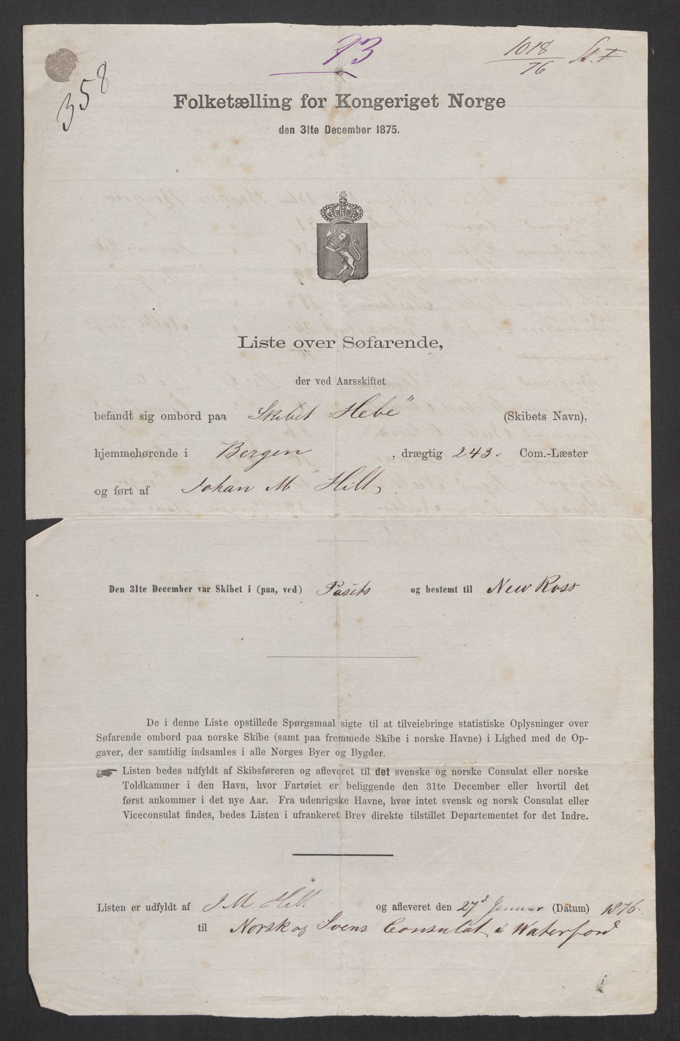 RA, Folketelling 1875, skipslister: Skip i utenrikske havner, hjemmehørende i 1) byer og ladesteder, Grimstad - Tromsø, 2) landdistrikter, 1875, s. 1001