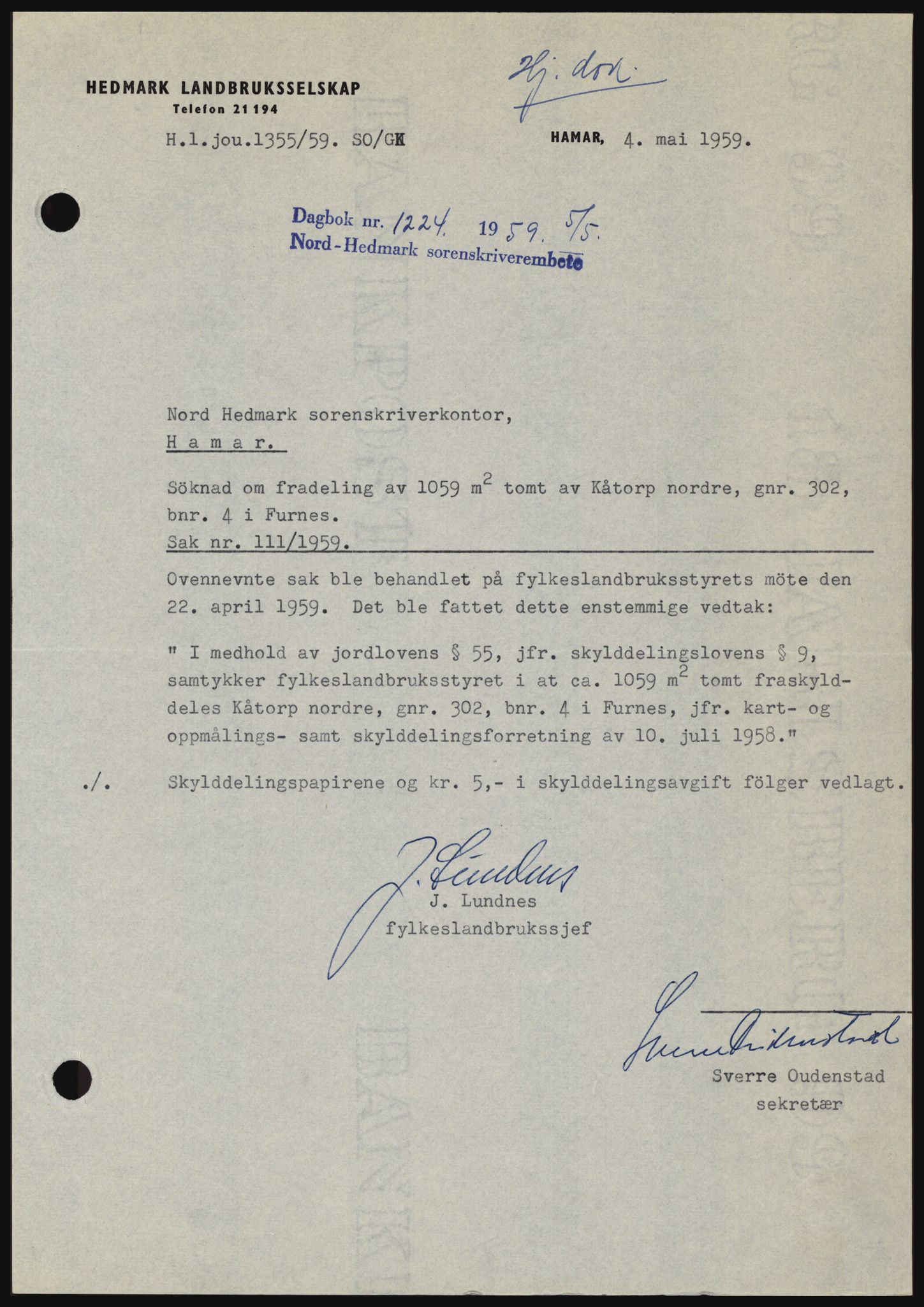 Nord-Hedmark sorenskriveri, SAH/TING-012/H/Hc/L0013: Pantebok nr. 13, 1959-1960, Dagboknr: 1224/1959
