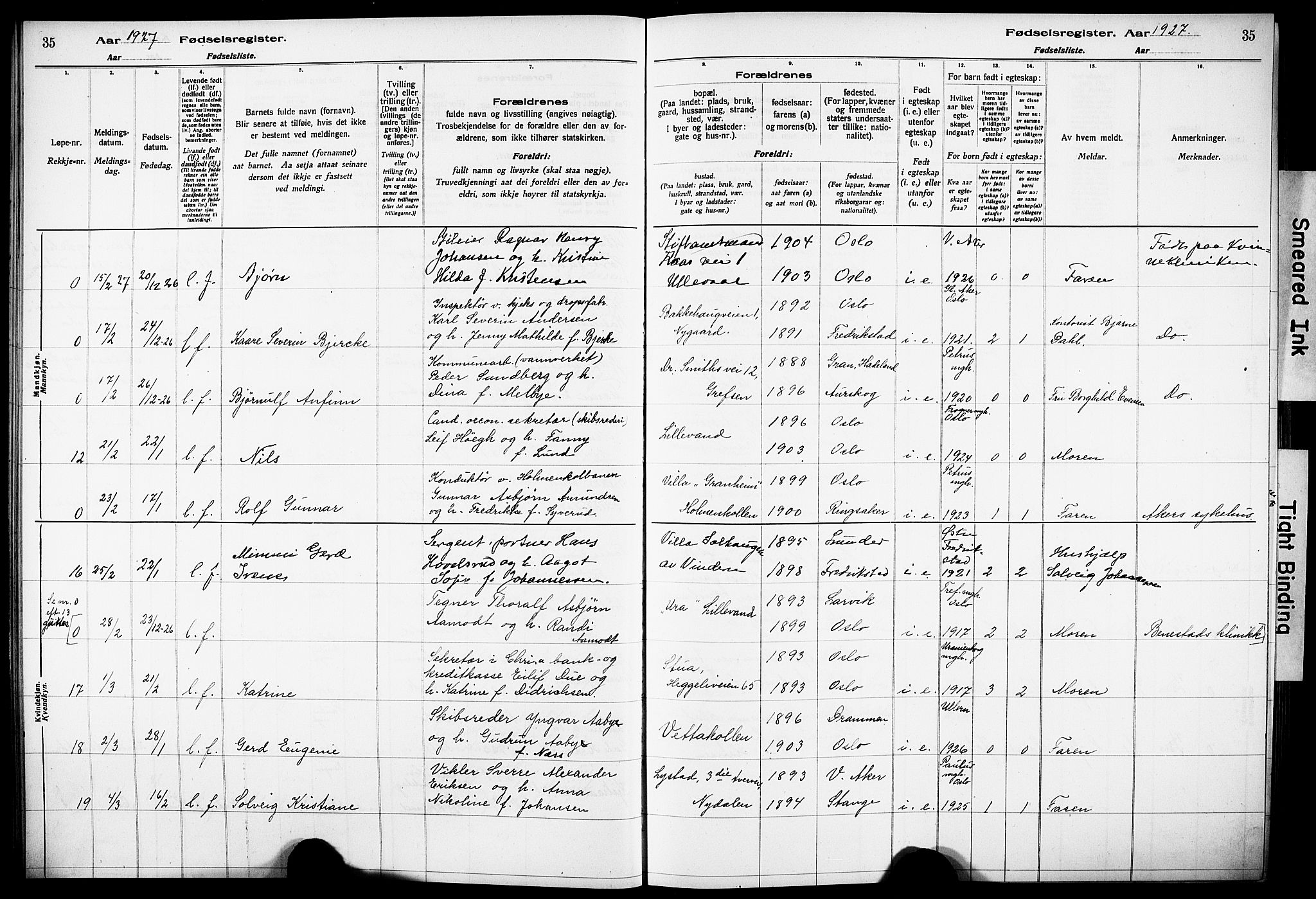 Vestre Aker prestekontor Kirkebøker, AV/SAO-A-10025/J/Ja/L0003: Fødselsregister nr. 3, 1926-1930, s. 35