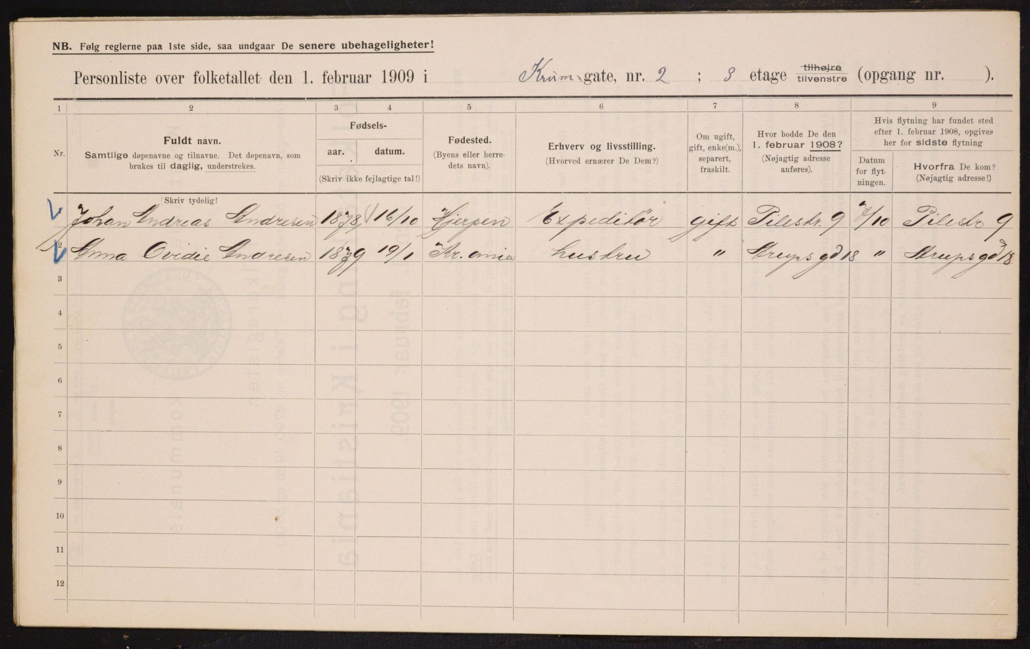 OBA, Kommunal folketelling 1.2.1909 for Kristiania kjøpstad, 1909, s. 50223