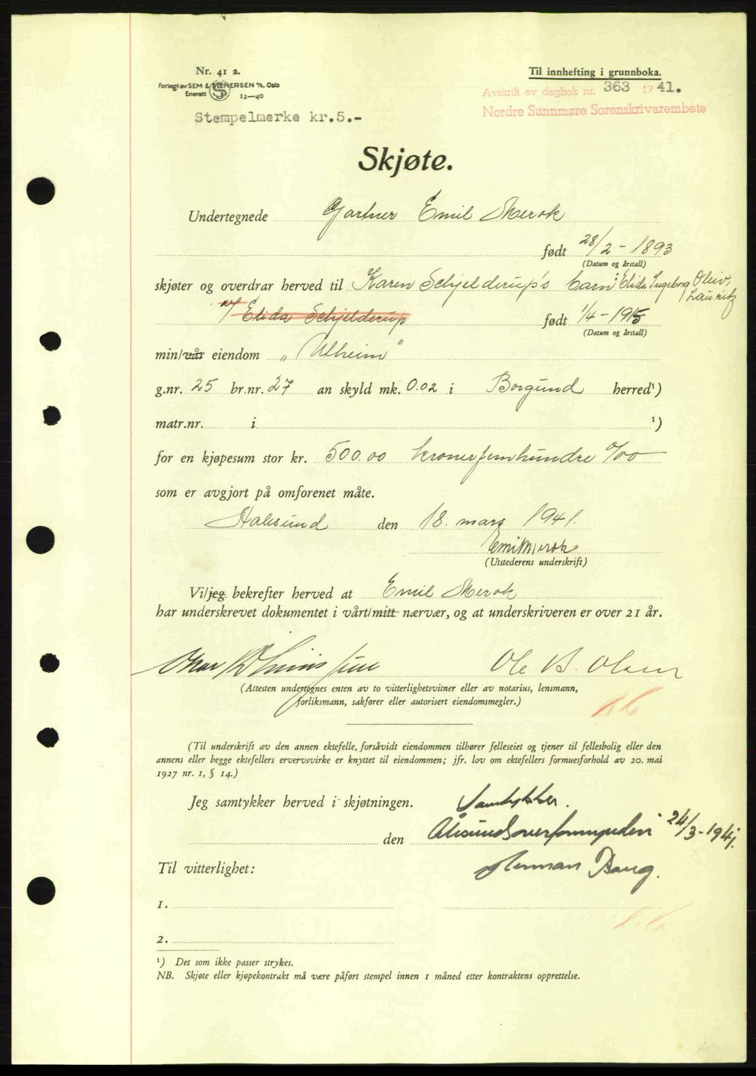 Nordre Sunnmøre sorenskriveri, AV/SAT-A-0006/1/2/2C/2Ca: Pantebok nr. A10, 1940-1941, Dagboknr: 363/1941