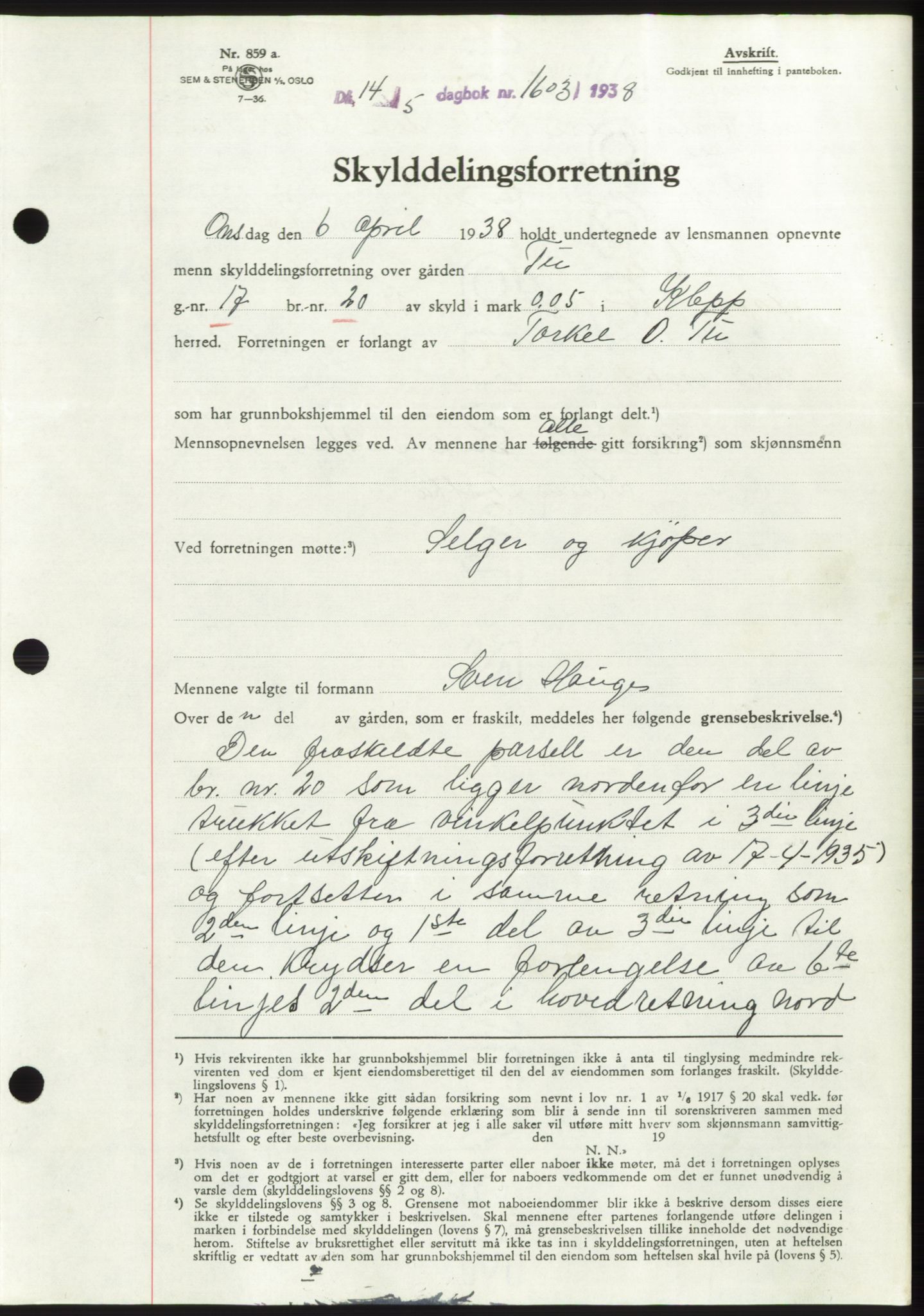 Jæren sorenskriveri, SAST/A-100310/03/G/Gba/L0071: Pantebok, 1938-1938, Dagboknr: 1603/1938