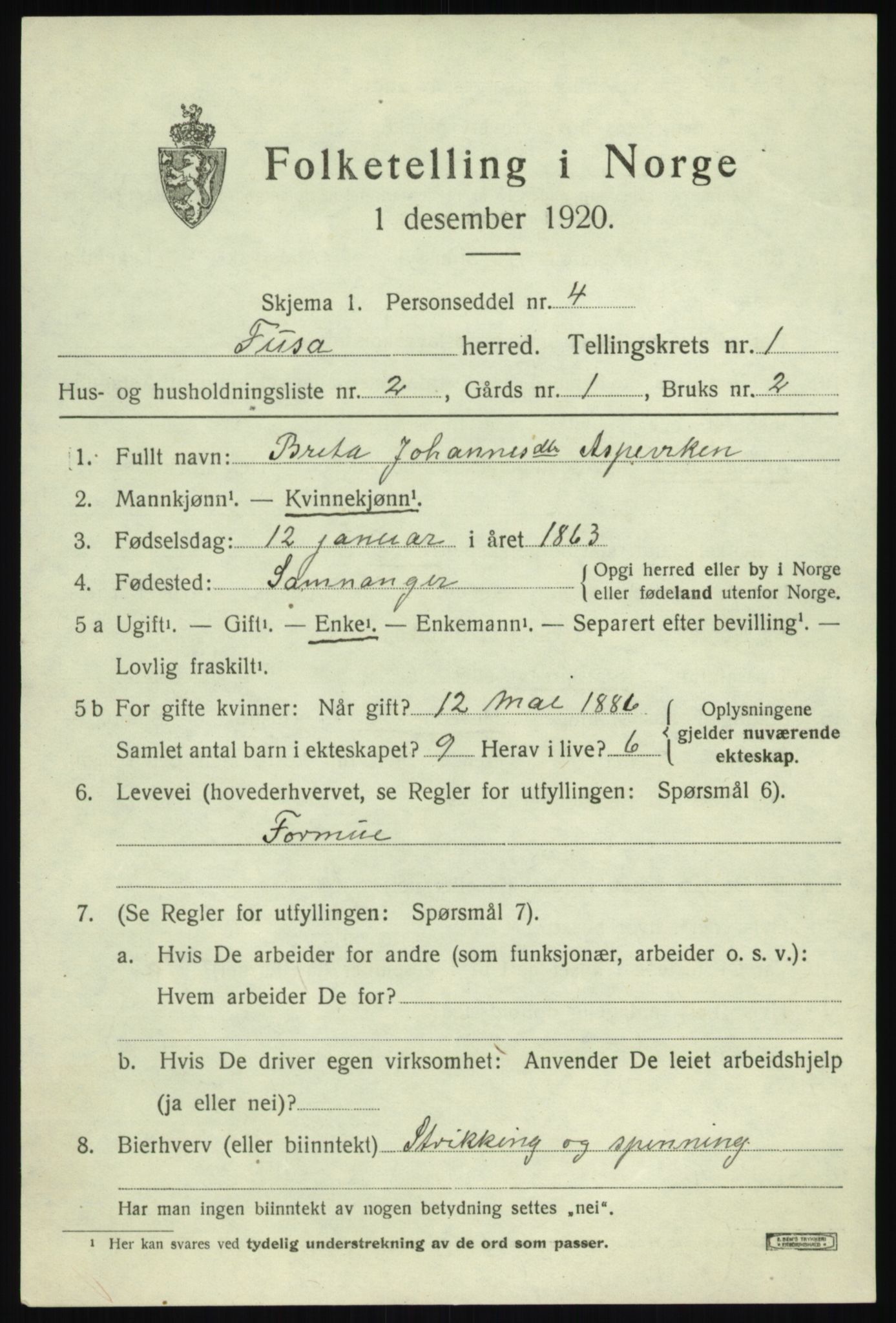 SAB, Folketelling 1920 for 1241 Fusa herred, 1920, s. 459