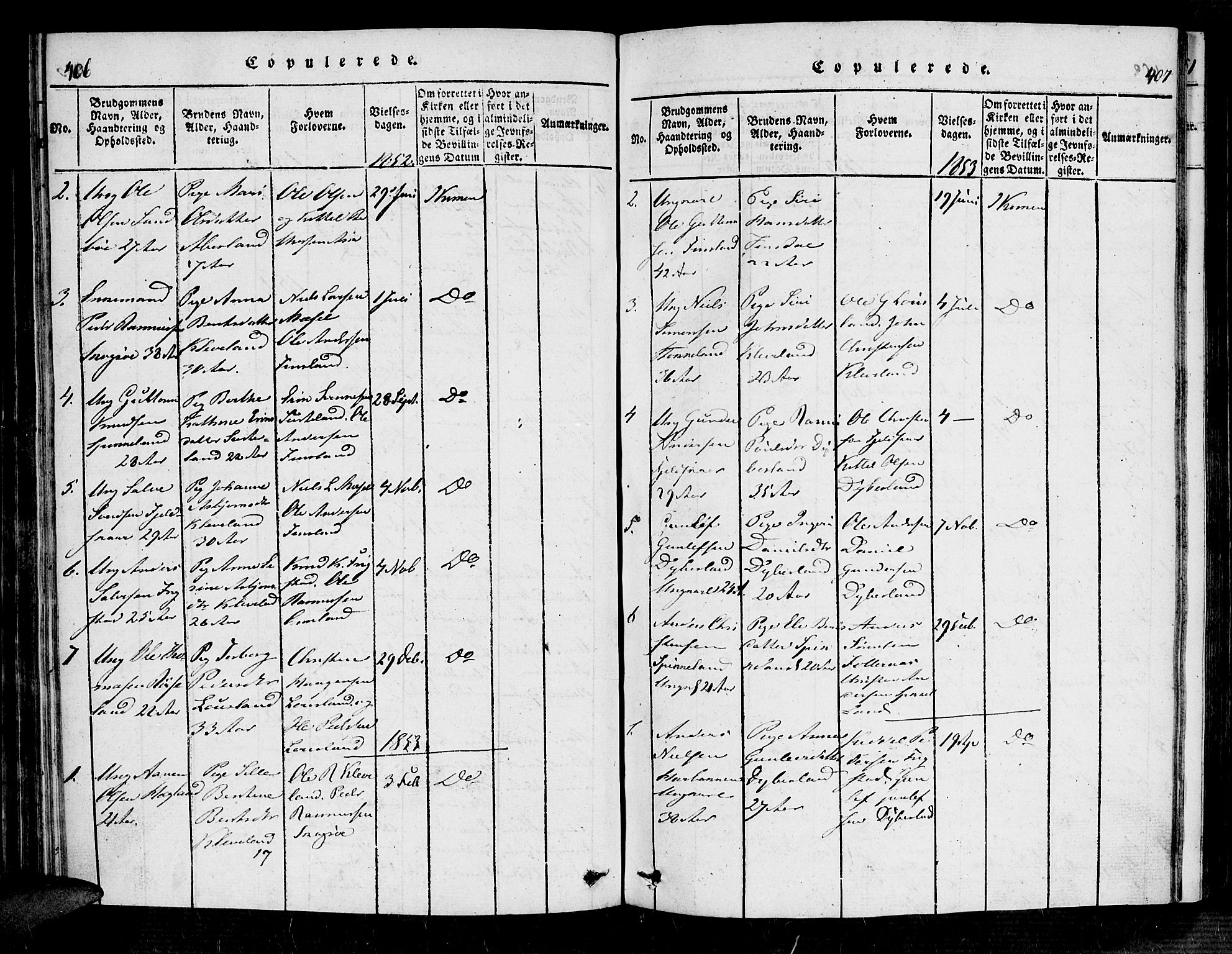 Bjelland sokneprestkontor, SAK/1111-0005/F/Fa/Fab/L0002: Ministerialbok nr. A 2, 1816-1869, s. 406-407