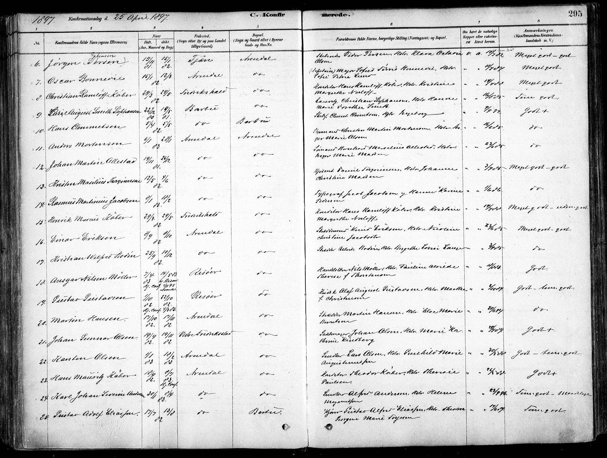 Arendal sokneprestkontor, Trefoldighet, SAK/1111-0040/F/Fa/L0008: Ministerialbok nr. A 8, 1878-1899, s. 295