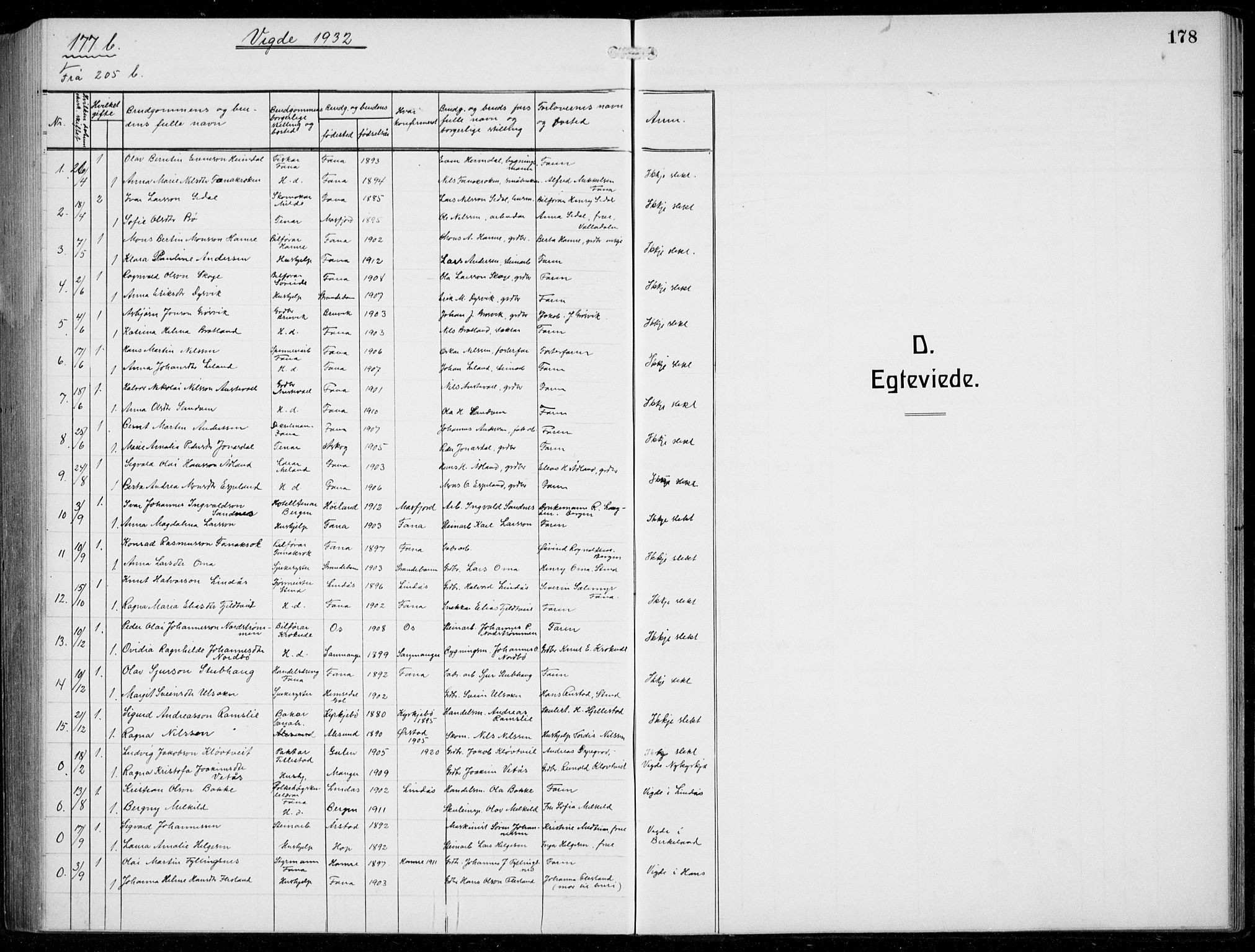 Fana Sokneprestembete, SAB/A-75101/H/Hab/Haba/L0005: Klokkerbok nr. A 5, 1911-1932, s. 178