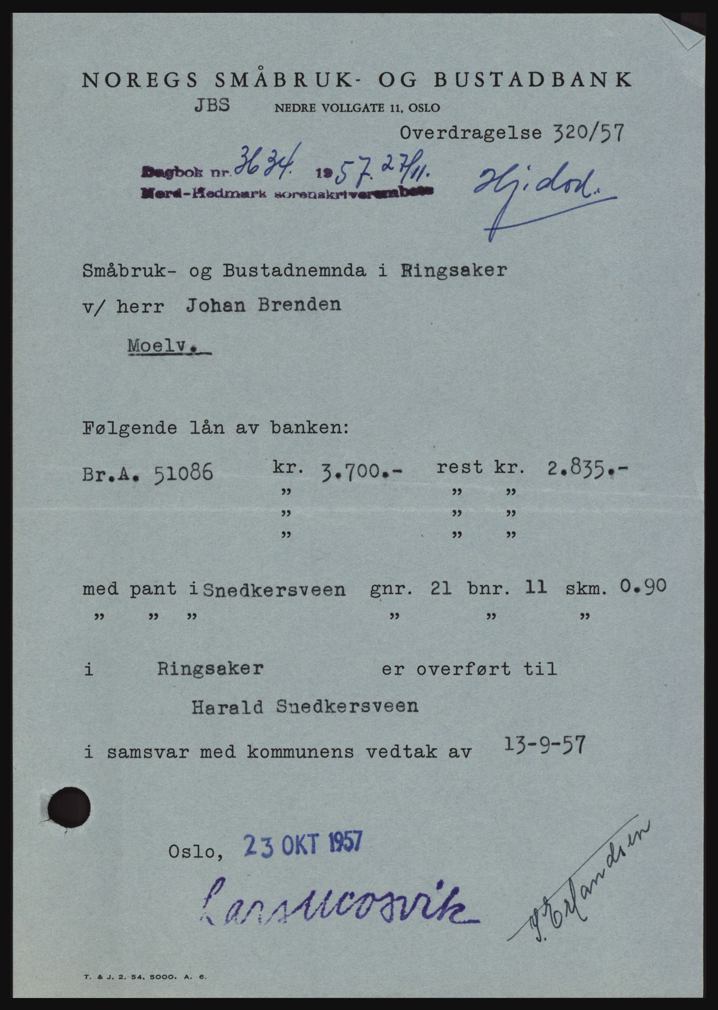 Nord-Hedmark sorenskriveri, SAH/TING-012/H/Hc/L0011: Pantebok nr. 11, 1956-1957, Dagboknr: 3634/1957