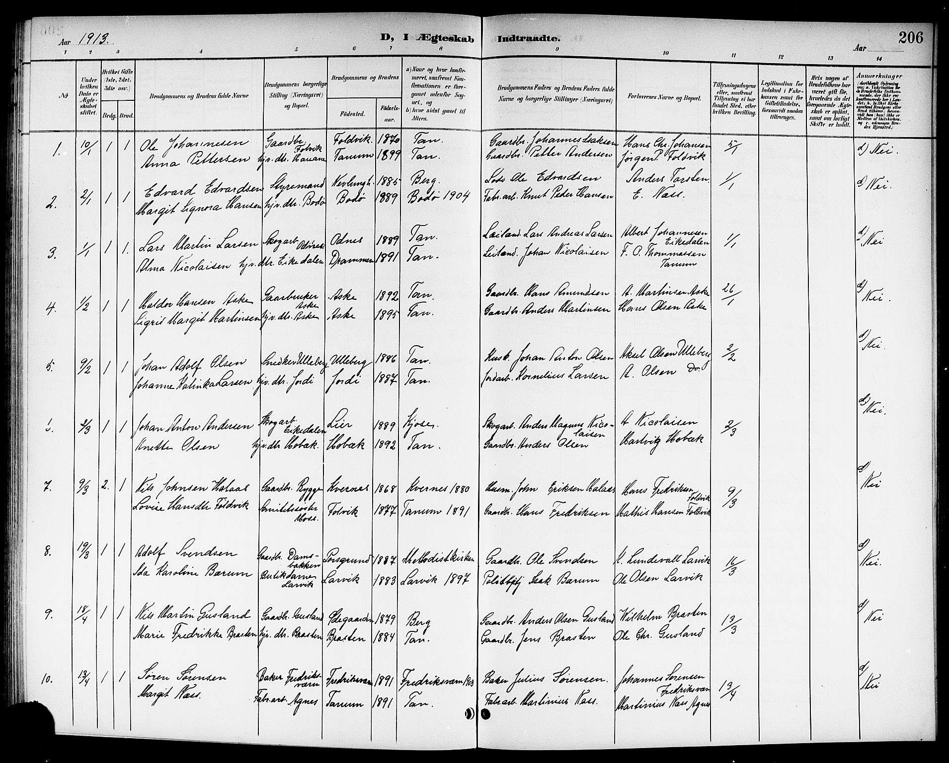 Brunlanes kirkebøker, AV/SAKO-A-342/G/Ga/L0004: Klokkerbok nr. I 4, 1898-1921, s. 206