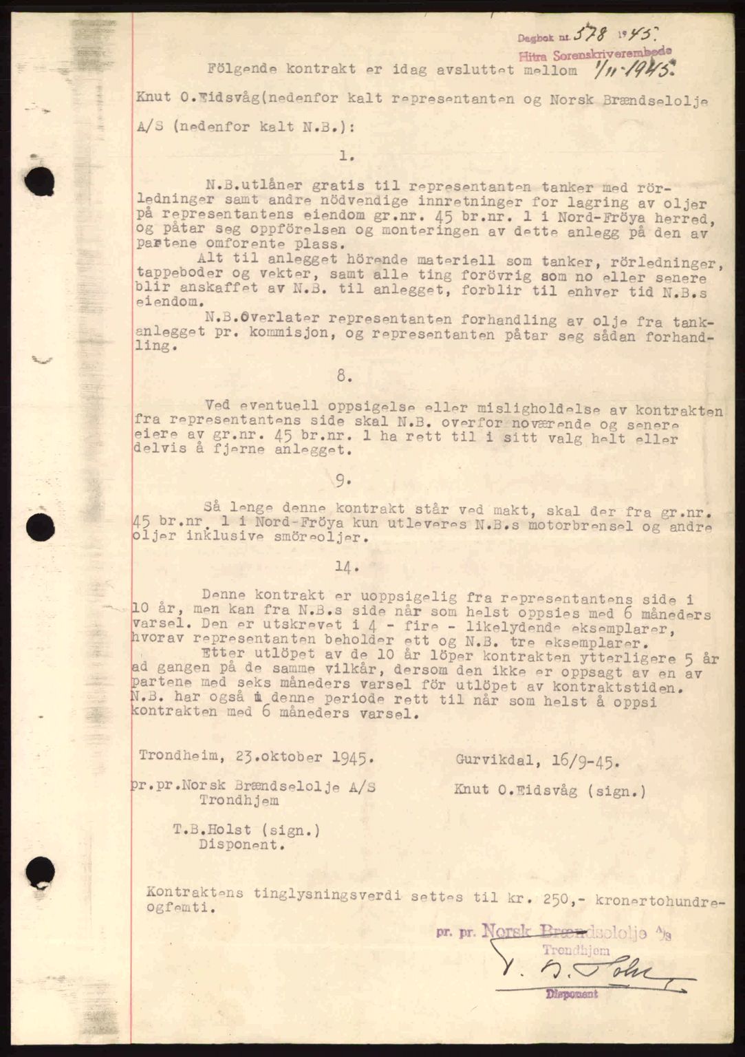 Hitra sorenskriveri, AV/SAT-A-0018/2/2C/2Ca: Pantebok nr. B1, 1939-1949, Dagboknr: 578/1945