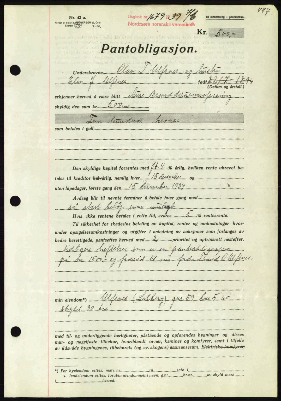 Nordmøre sorenskriveri, SAT/A-4132/1/2/2Ca: Pantebok nr. B85, 1939-1939, Dagboknr: 1679/1939