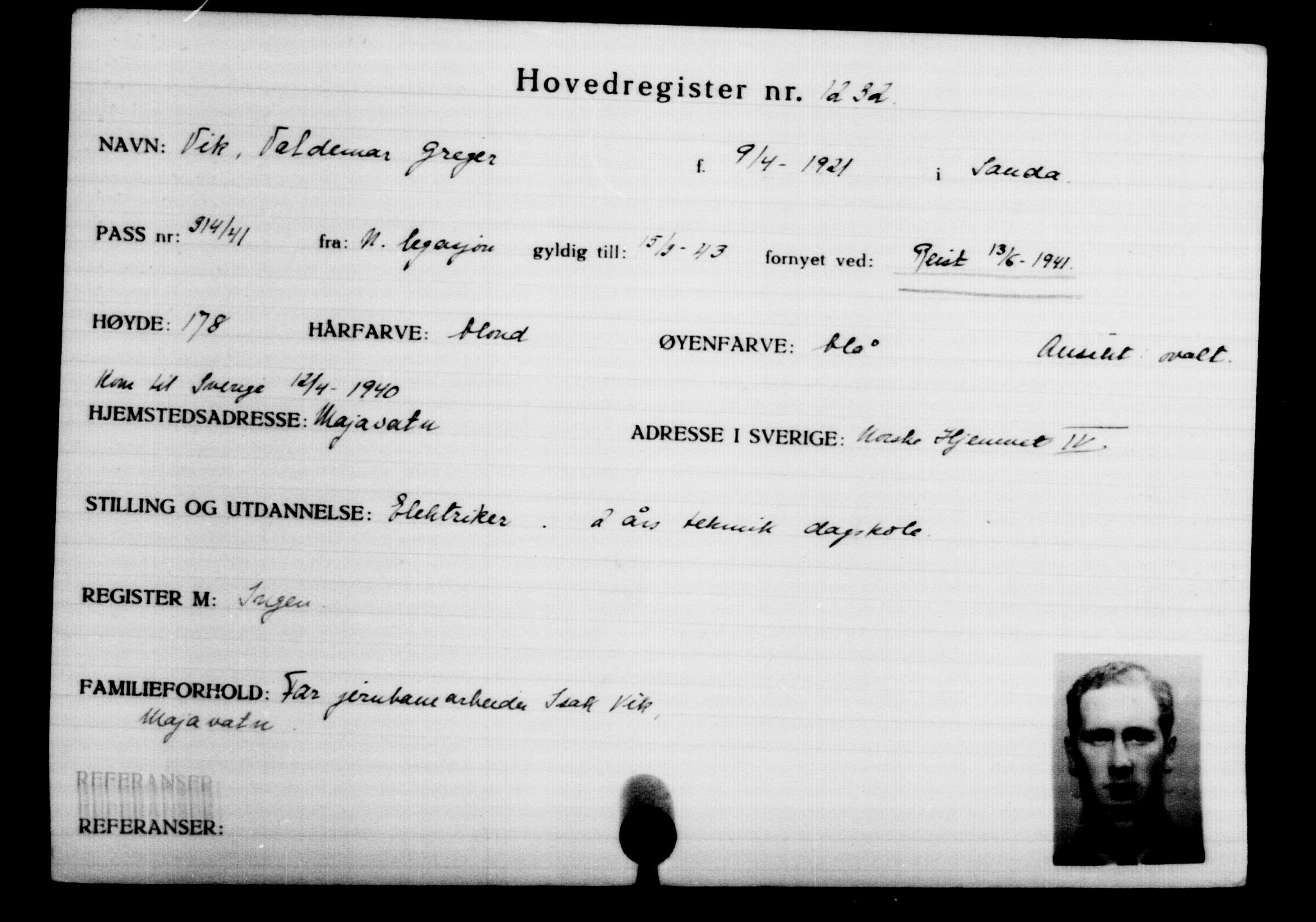 Utenriksstasjonene, Legasjonen i Stockholm, Flyktningkontoret, AV/RA-S-6753/V/Va/L0002: Kjesäterkartoteket, flyktninger med registreringsnr. 1001-2000, 1940-1945, s. 349
