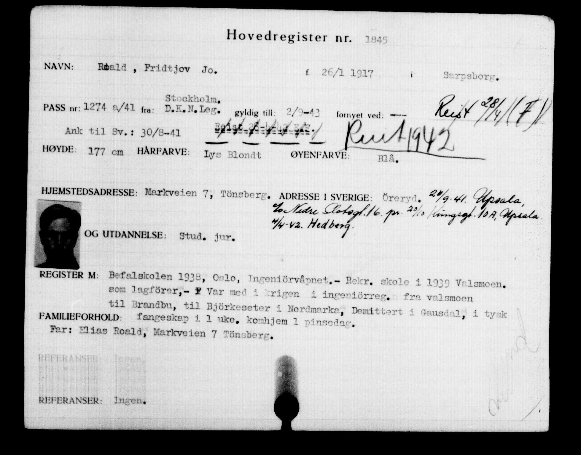 Utenriksstasjonene, Legasjonen i Stockholm, Flyktningkontoret, AV/RA-S-6753/V/Va/L0002: Kjesäterkartoteket, flyktninger med registreringsnr. 1001-2000, 1940-1945, s. 1206