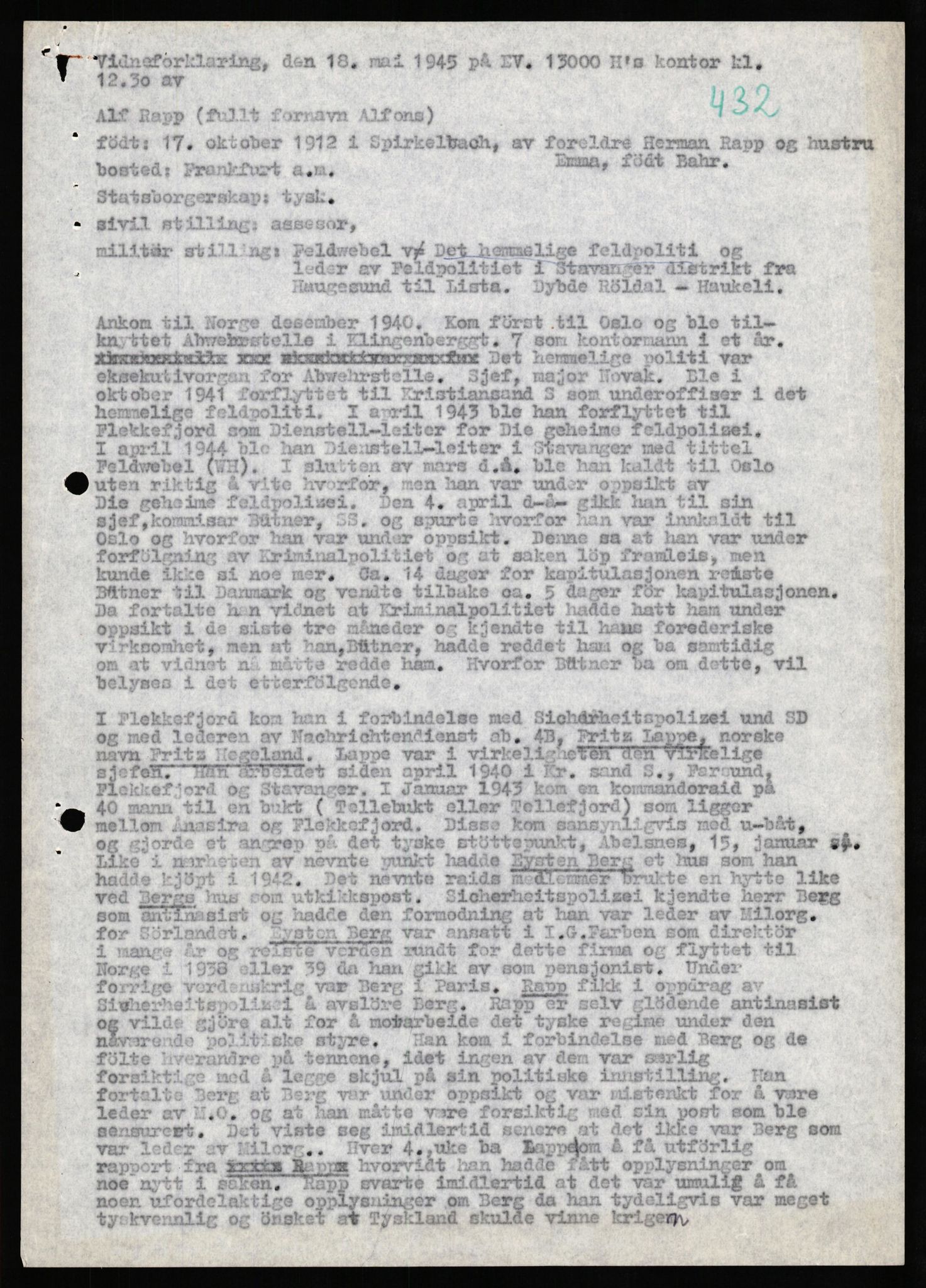 Forsvaret, Forsvarets overkommando II, AV/RA-RAFA-3915/D/Db/L0027: CI Questionaires. Tyske okkupasjonsstyrker i Norge. Tyskere., 1945-1946, s. 14