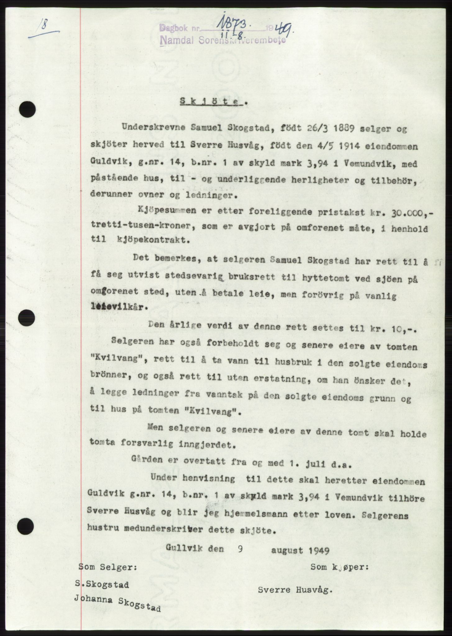 Namdal sorenskriveri, SAT/A-4133/1/2/2C: Pantebok nr. -, 1949-1949, Dagboknr: 1873/1949