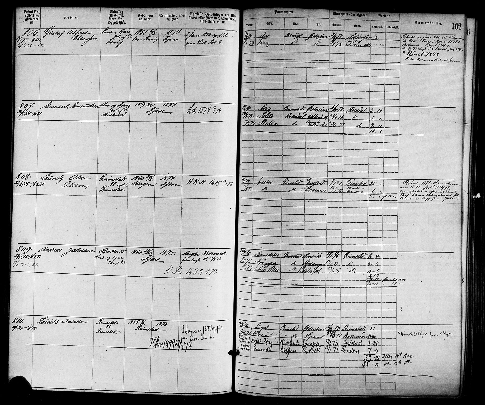Grimstad mønstringskrets, SAK/2031-0013/F/Fa/L0001: Annotasjonsrulle nr 1-1920 med register, F-1, 1870-1892, s. 186