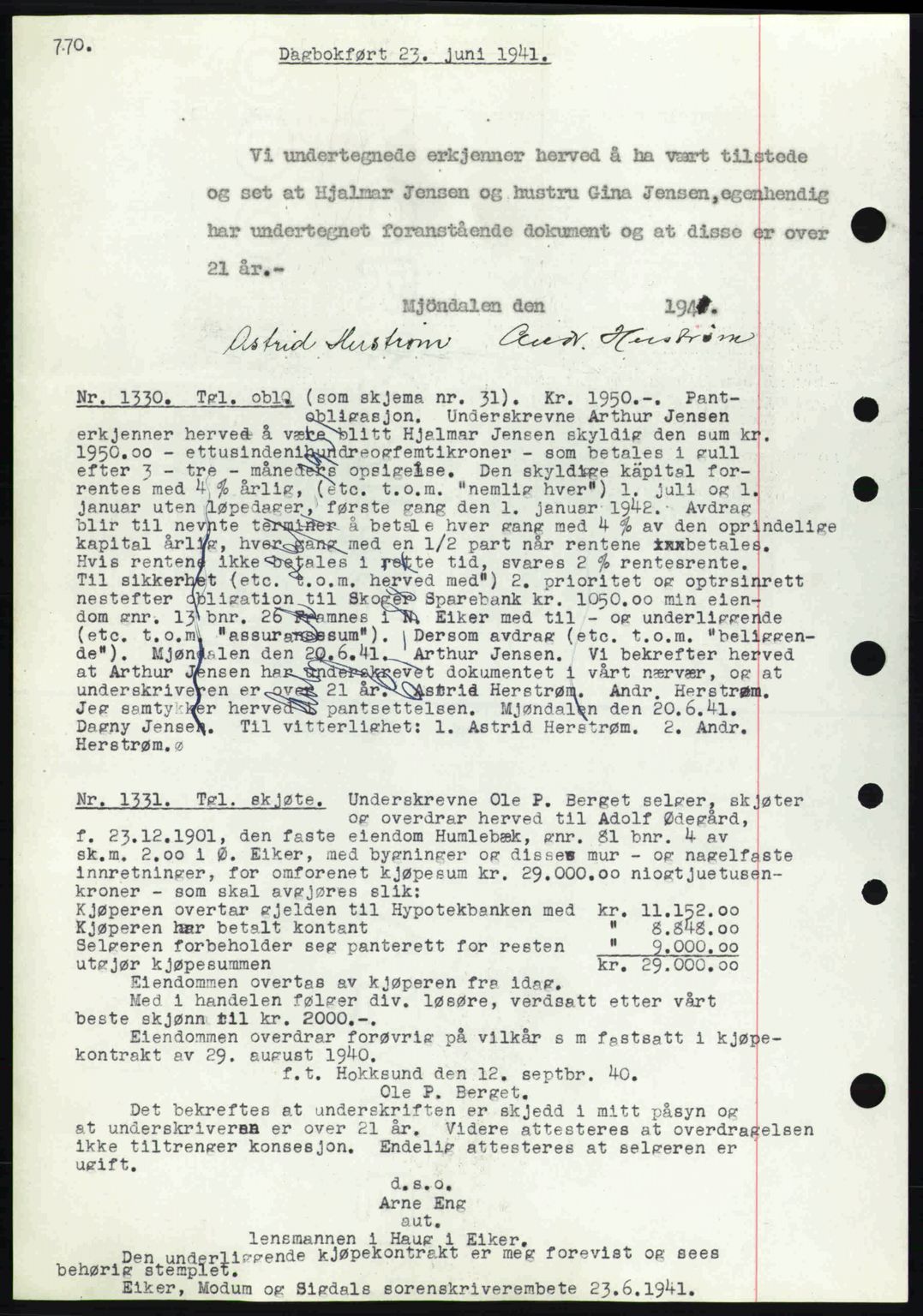 Eiker, Modum og Sigdal sorenskriveri, SAKO/A-123/G/Ga/Gab/L0043: Pantebok nr. A13, 1940-1941, Dagboknr: 1330/1941