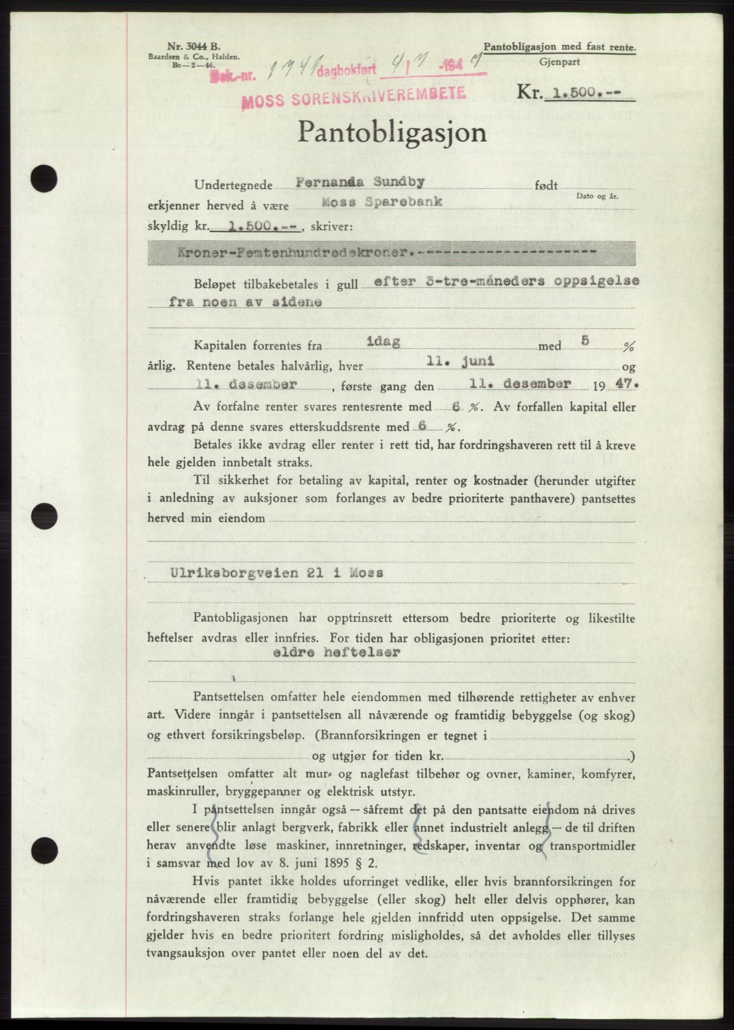 Moss sorenskriveri, SAO/A-10168: Pantebok nr. B17, 1947-1947, Dagboknr: 1741/1947