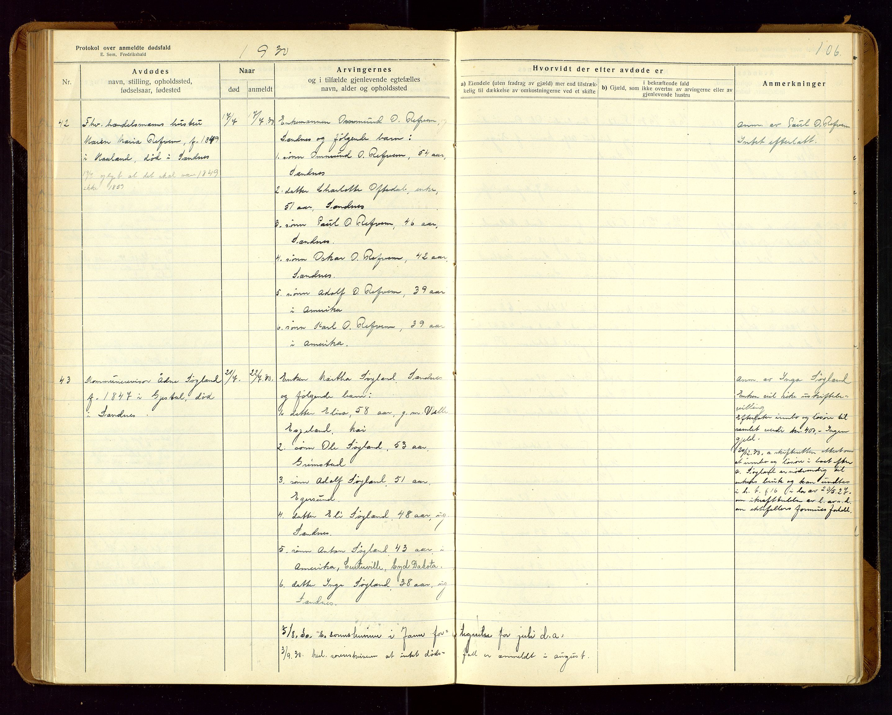 Sandnes lensmannskontor, SAST/A-100167/Gga/L0001: "Protokol over anmeldte dødsfald" m/register, 1918-1940, s. 106