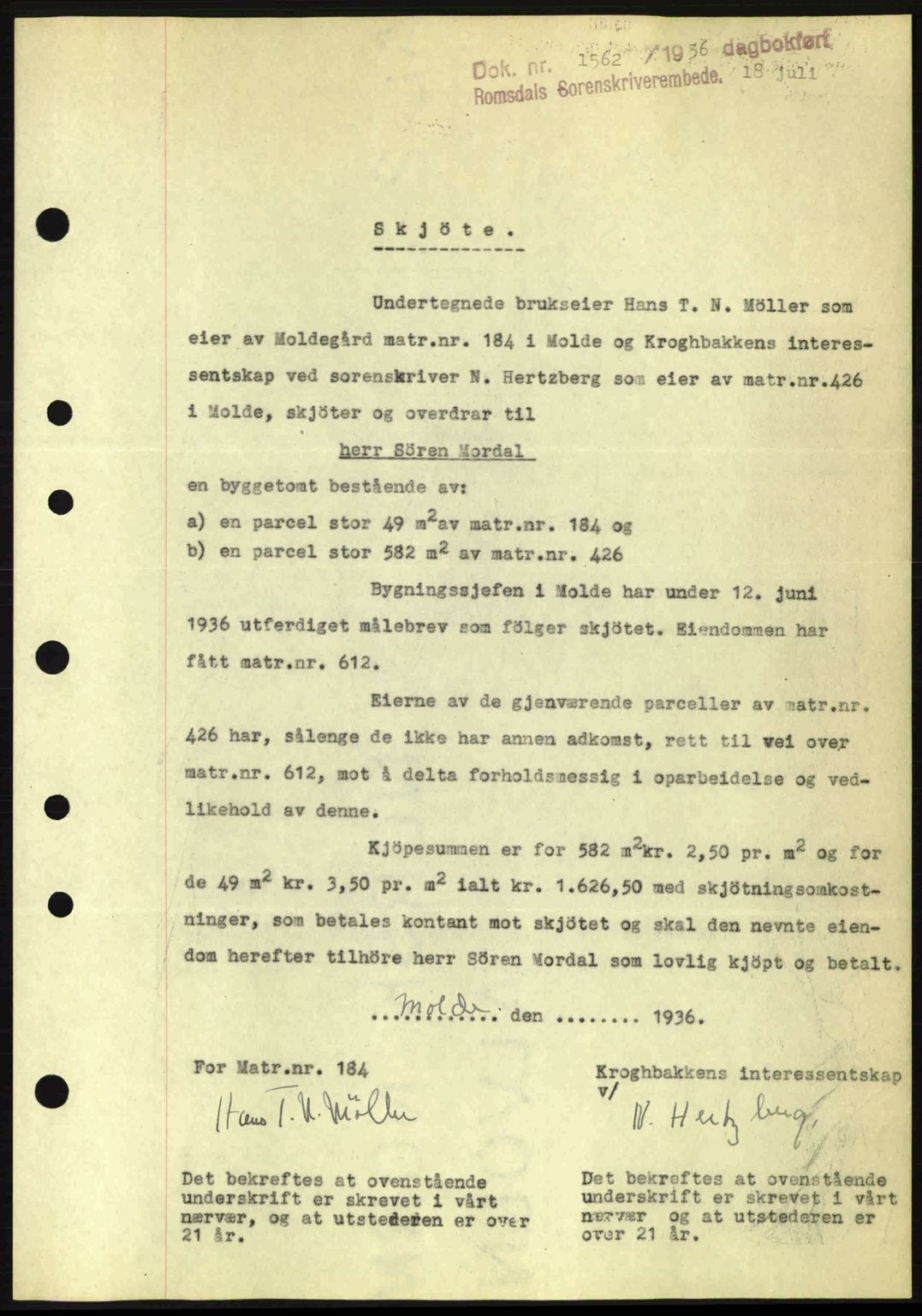 Romsdal sorenskriveri, SAT/A-4149/1/2/2C: Pantebok nr. A1, 1936-1936, Dagboknr: 1562/1936