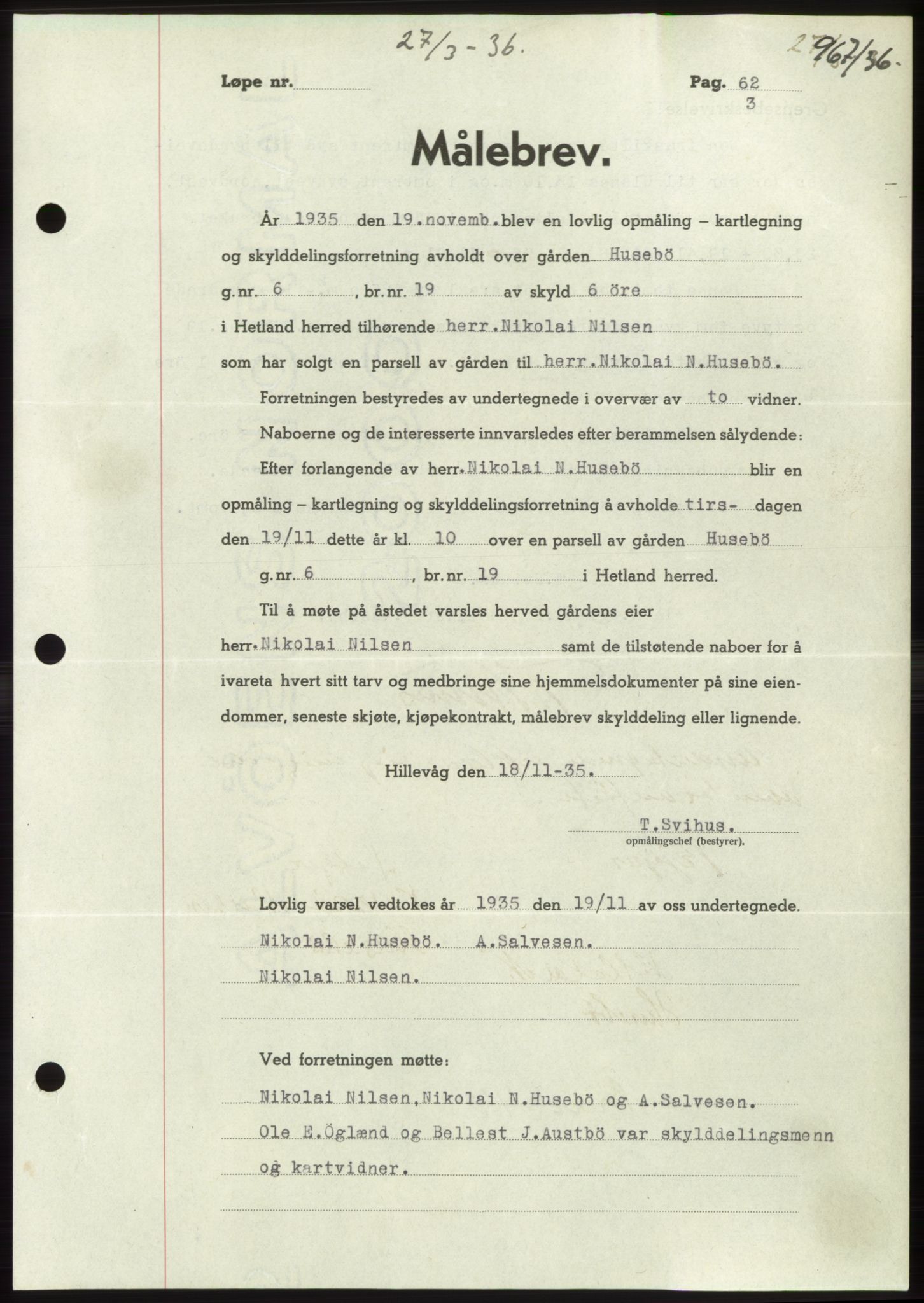 Jæren sorenskriveri, SAST/A-100310/03/G/Gba/L0065: Pantebok nr. 71, 1936-1936, Dagboknr: 967/1936