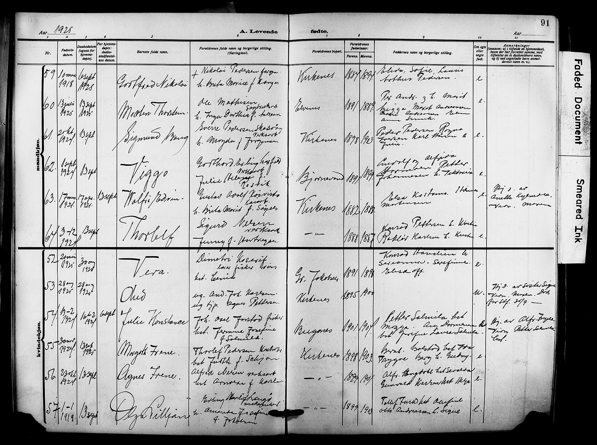 Sør-Varanger sokneprestkontor, AV/SATØ-S-1331/H/Hb/L0005klokker: Klokkerbok nr. 5, 1919-1927, s. 91