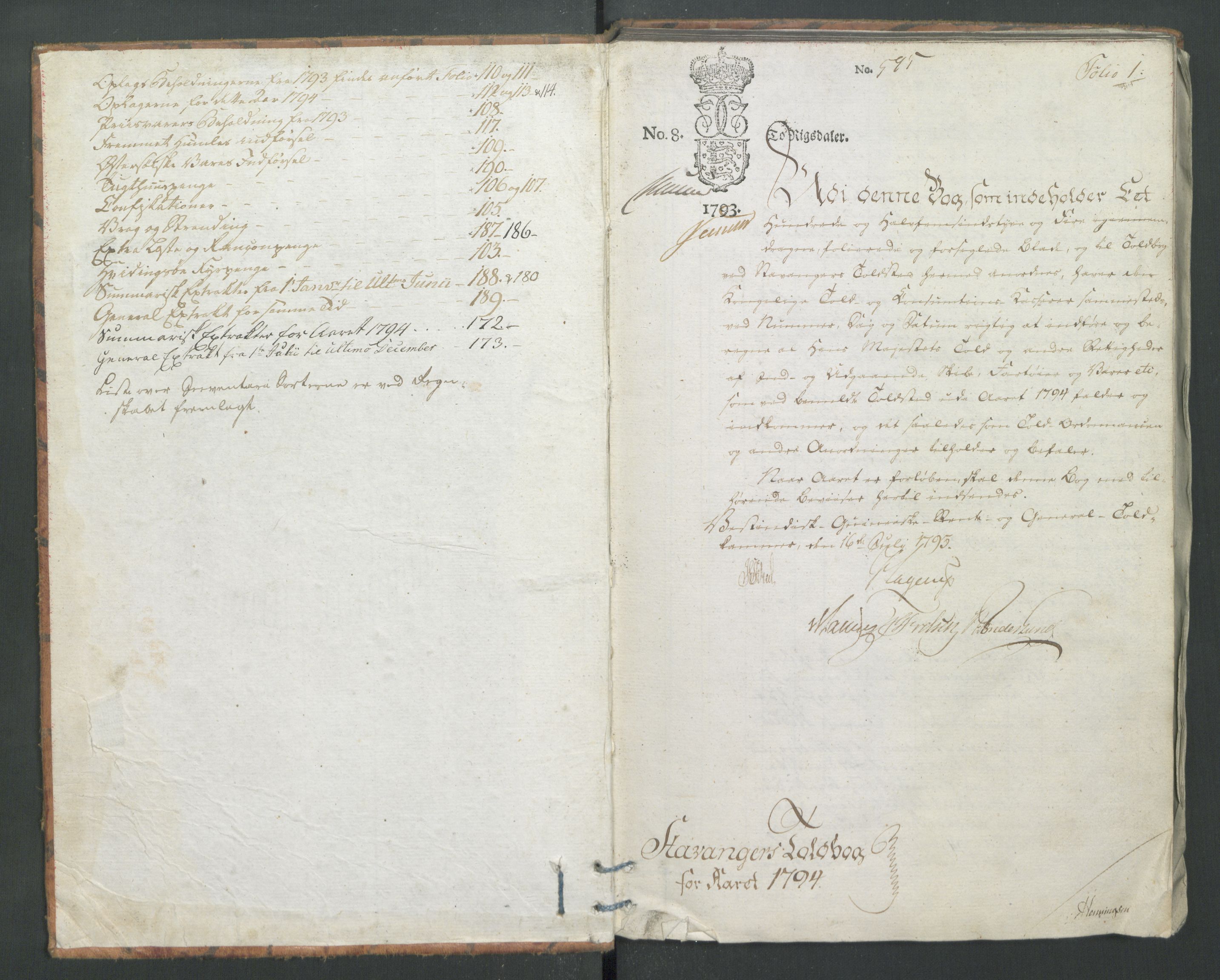 Generaltollkammeret, tollregnskaper, AV/RA-EA-5490/R22/L0056/0001: Tollregnskaper Stavanger / Tollbok, 1794, s. 1a