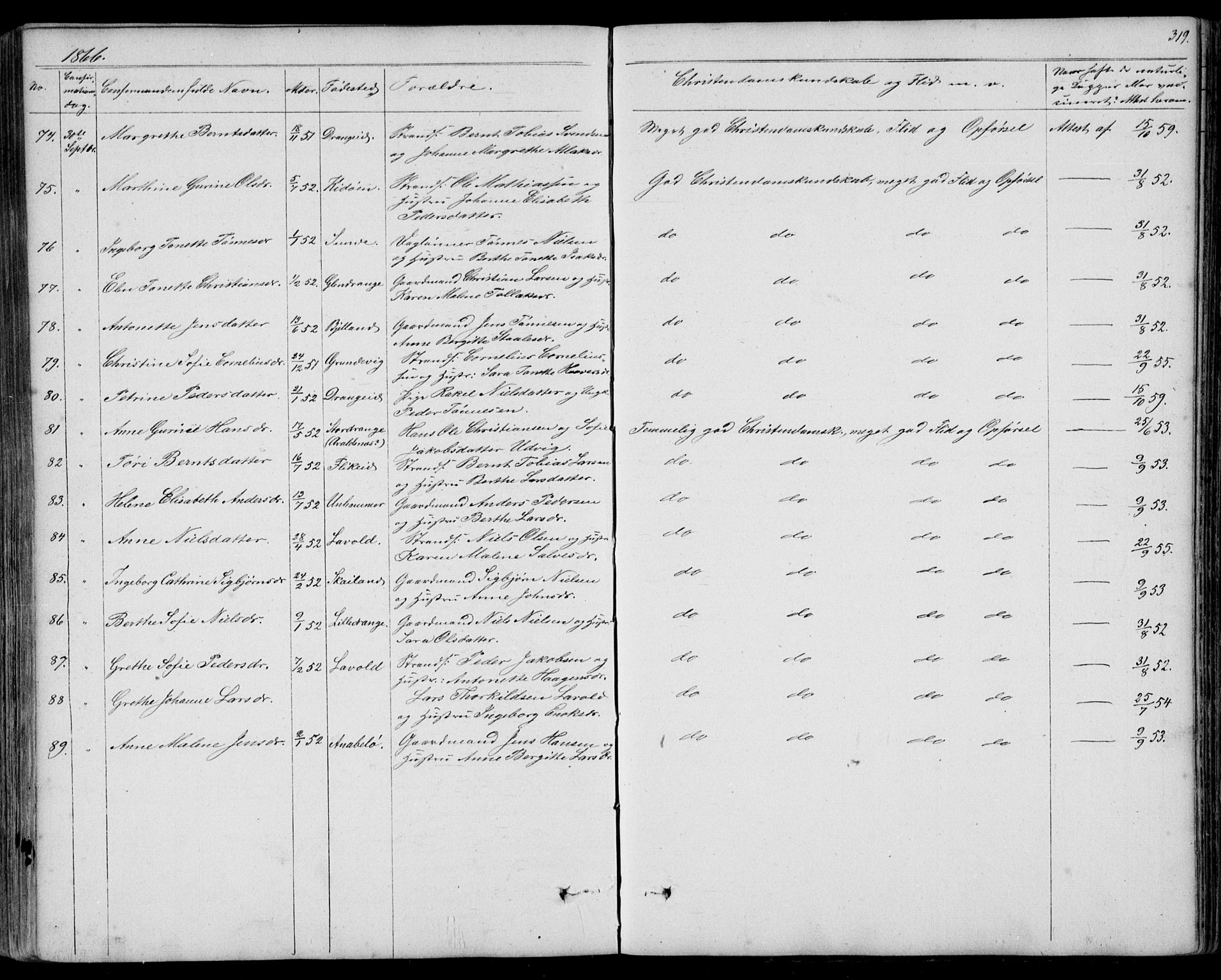 Flekkefjord sokneprestkontor, AV/SAK-1111-0012/F/Fb/Fbc/L0005: Klokkerbok nr. B 5, 1846-1866, s. 319