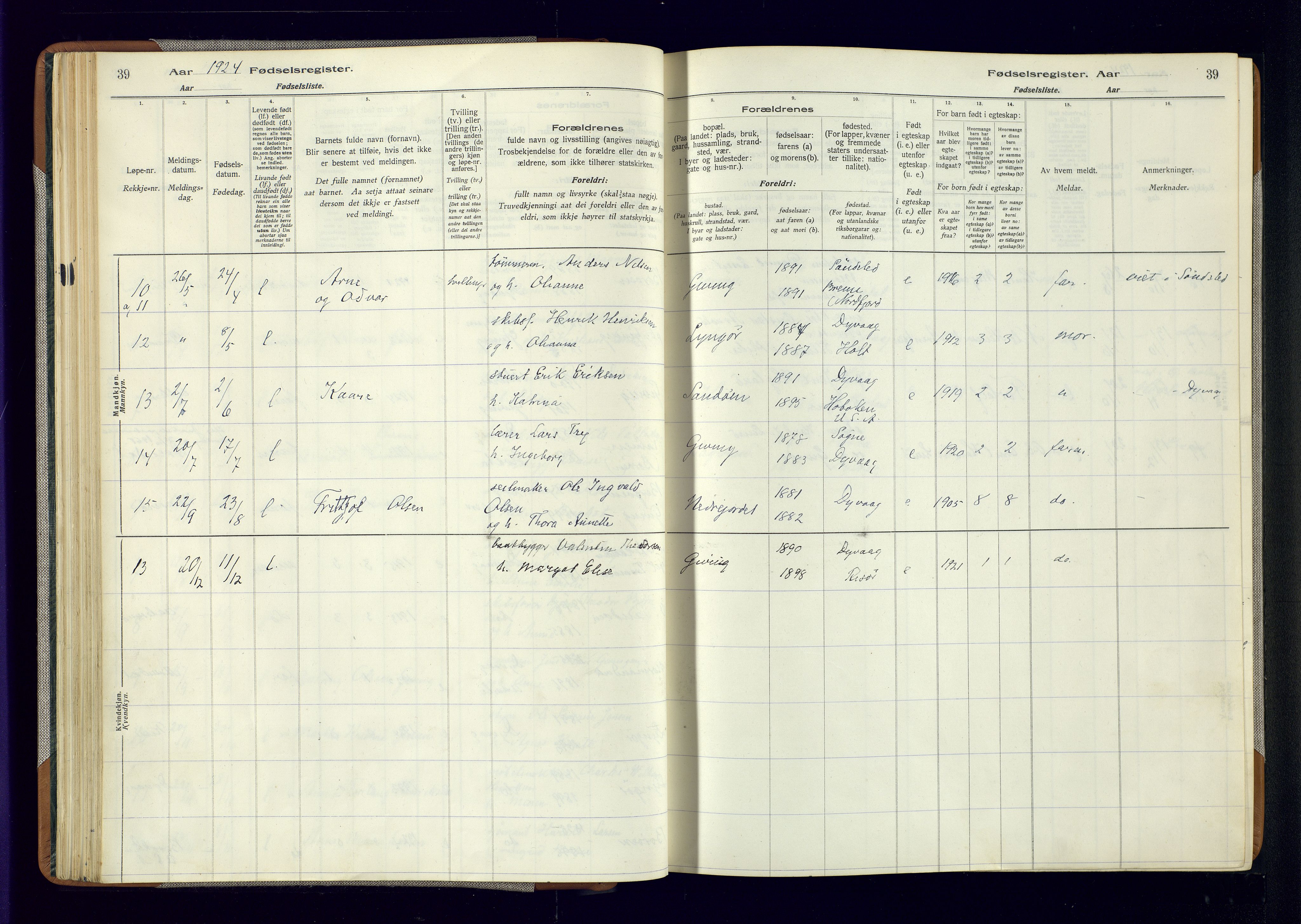 Dypvåg sokneprestkontor, AV/SAK-1111-0007/J/Ja/L0001: Fødselsregister nr. II.4.3, 1916-1975, s. 39