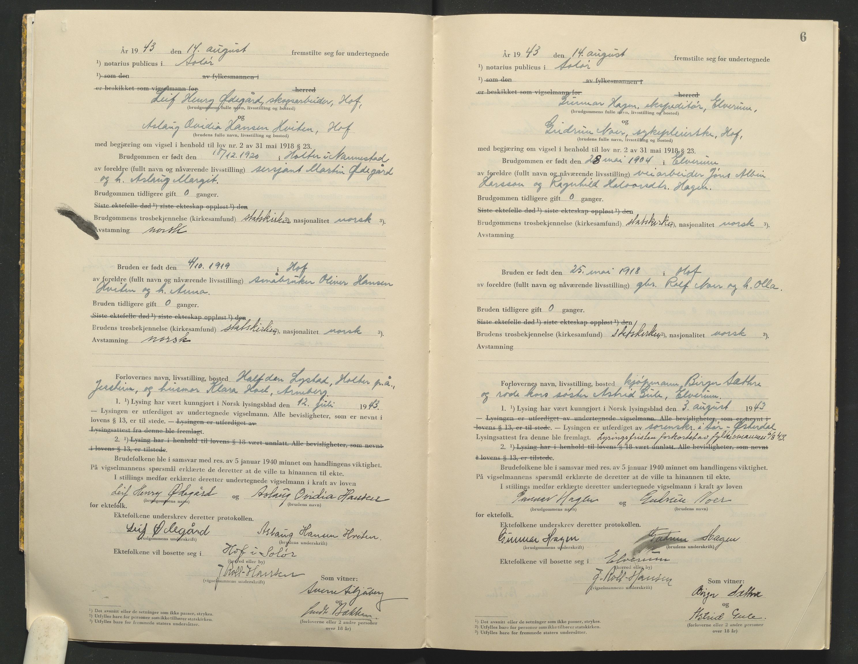Solør tingrett, AV/SAH-TING-008/L/Lb/L0002: Vigselprotokoll, 1943-1944, s. 6