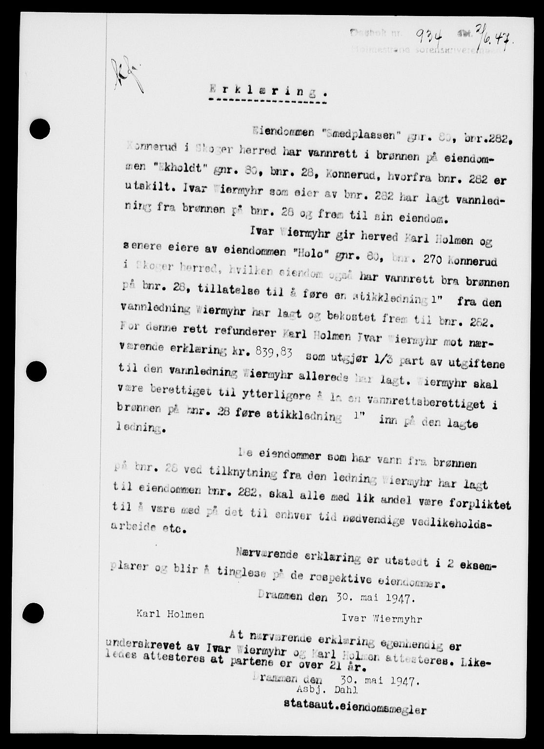 Holmestrand sorenskriveri, SAKO/A-67/G/Ga/Gaa/L0062: Pantebok nr. A-62, 1947-1947, Dagboknr: 934/1947