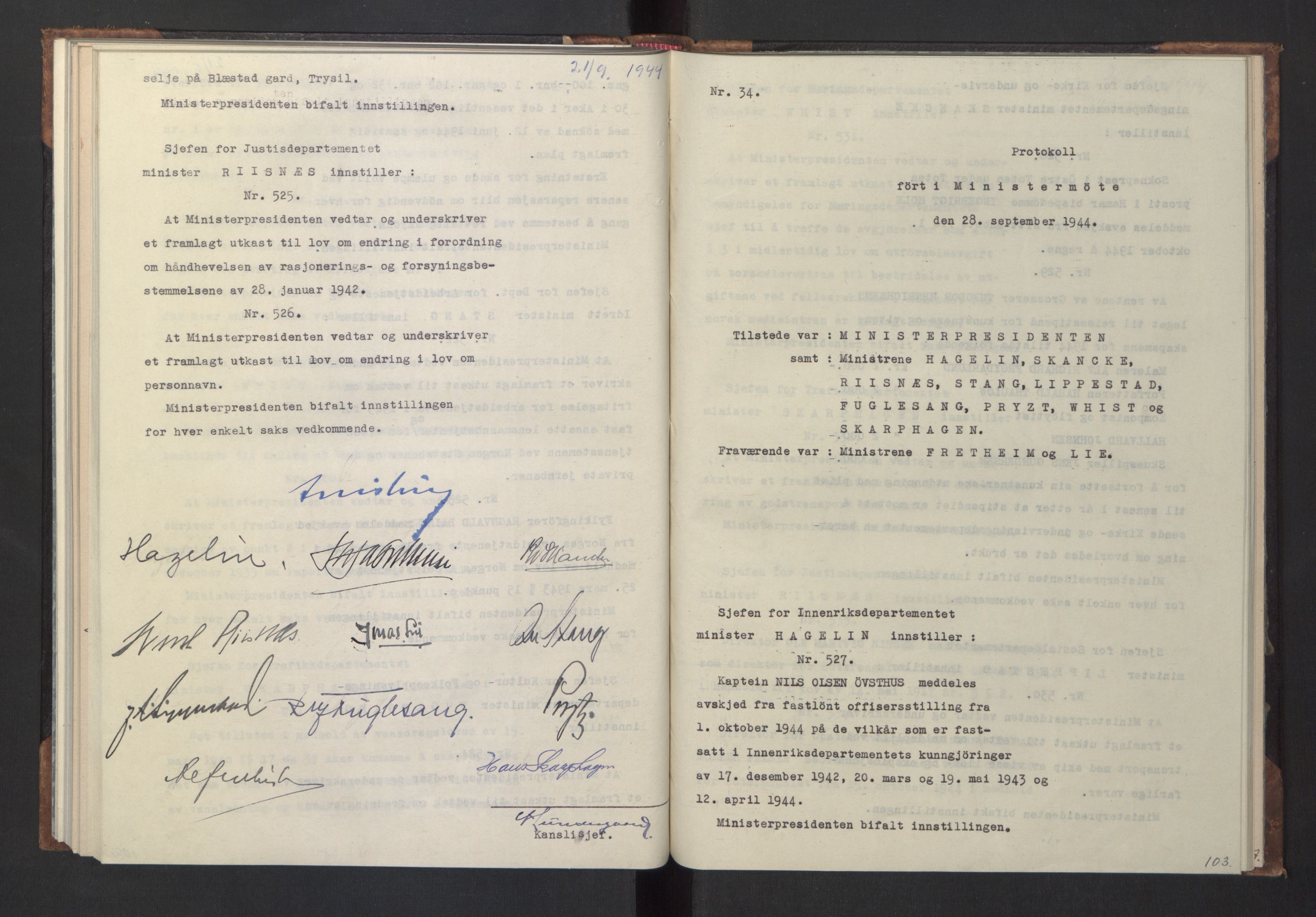 NS-administrasjonen 1940-1945 (Statsrådsekretariatet, de kommisariske statsråder mm), RA/S-4279/D/Da/L0005: Protokoll fra ministermøter, 1944, s. 105