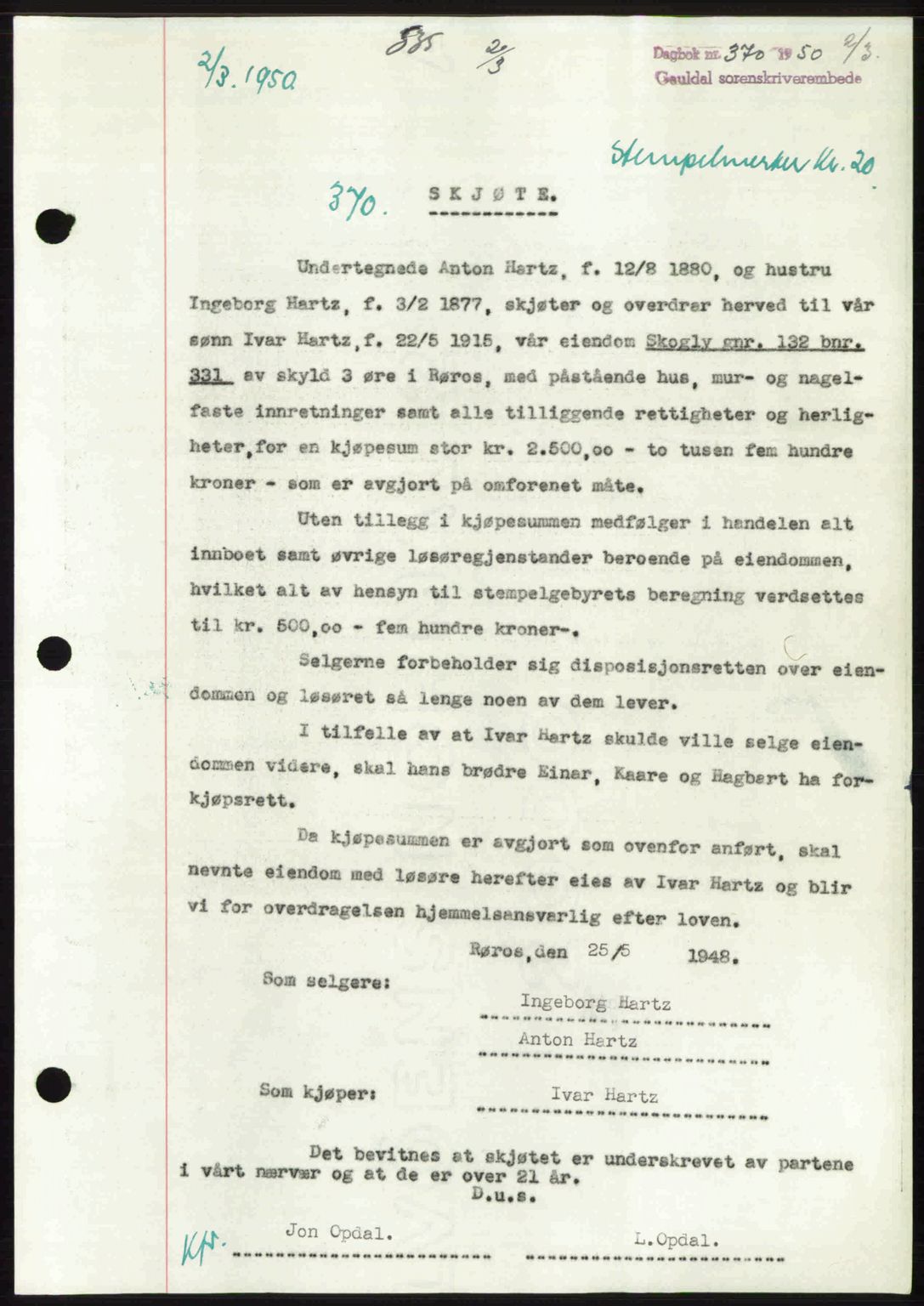 Gauldal sorenskriveri, SAT/A-0014/1/2/2C: Pantebok nr. A9, 1949-1950, Dagboknr: 370/1950