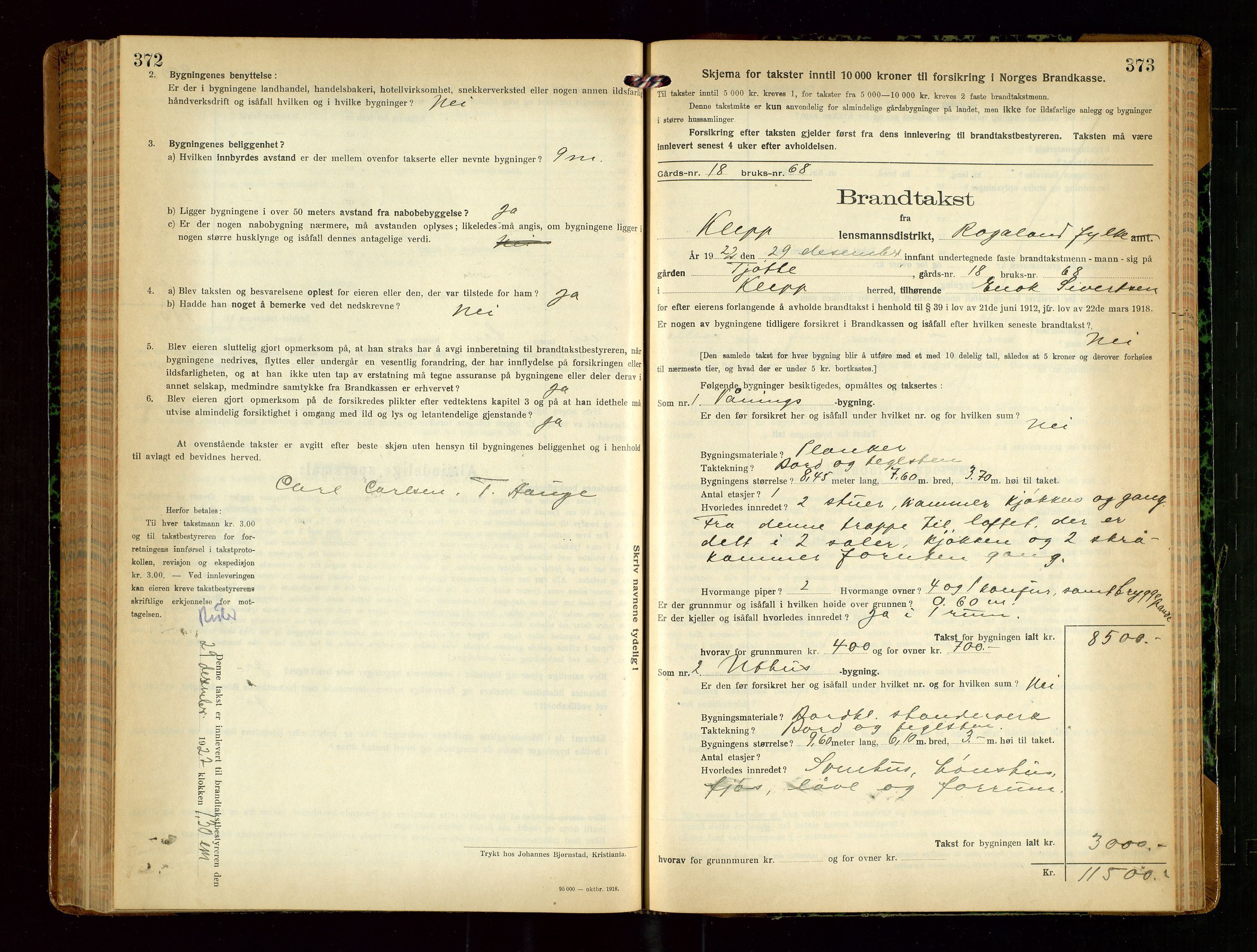 Klepp lensmannskontor, SAST/A-100163/Goc/L0010: "Brandtakstprotokoll" m/register, 1919-1924, s. 372-373