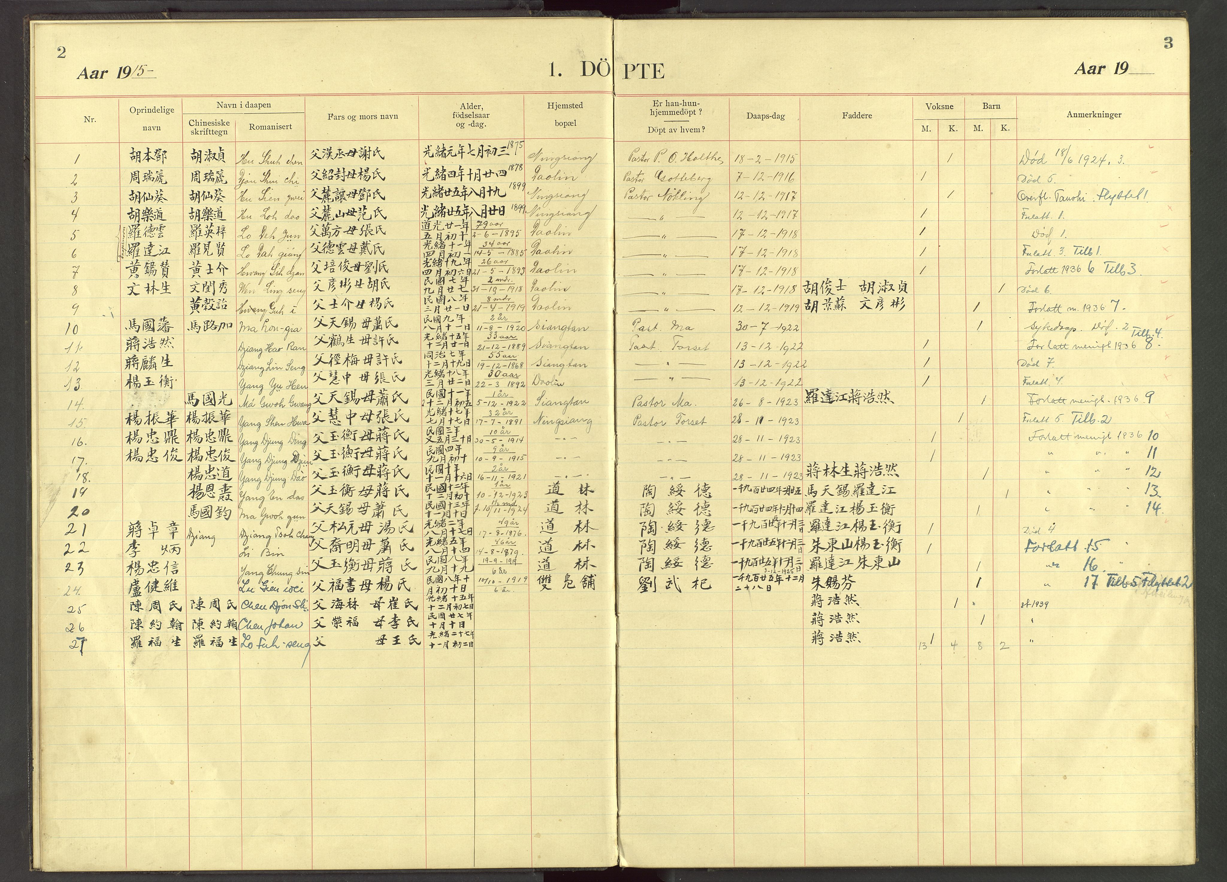 Det Norske Misjonsselskap - utland - Kina (Hunan), VID/MA-A-1065/Dm/L0041: Ministerialbok nr. 79, 1915-1934, s. 2-3