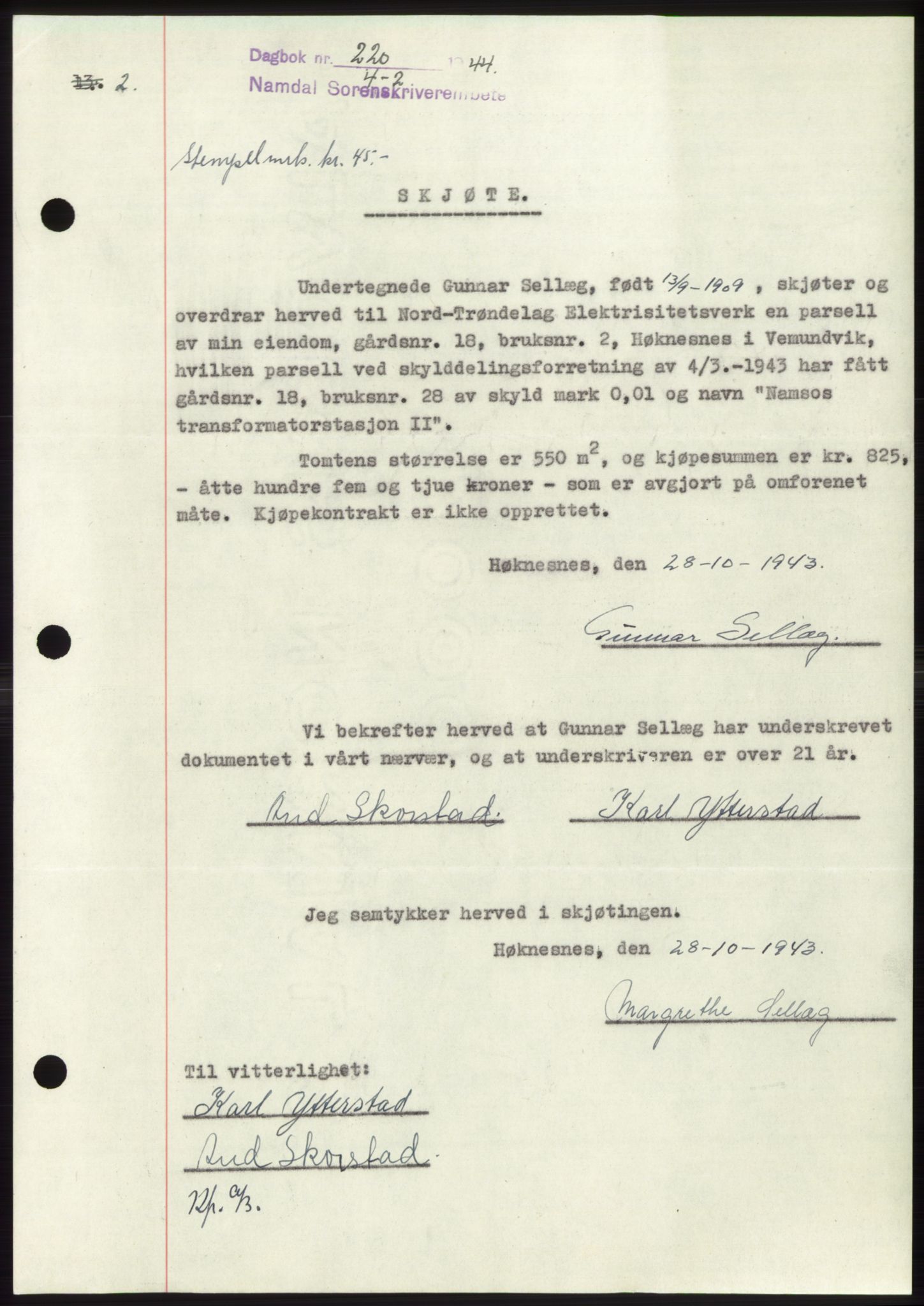 Namdal sorenskriveri, SAT/A-4133/1/2/2C: Pantebok nr. -, 1943-1944, Dagboknr: 220/1944