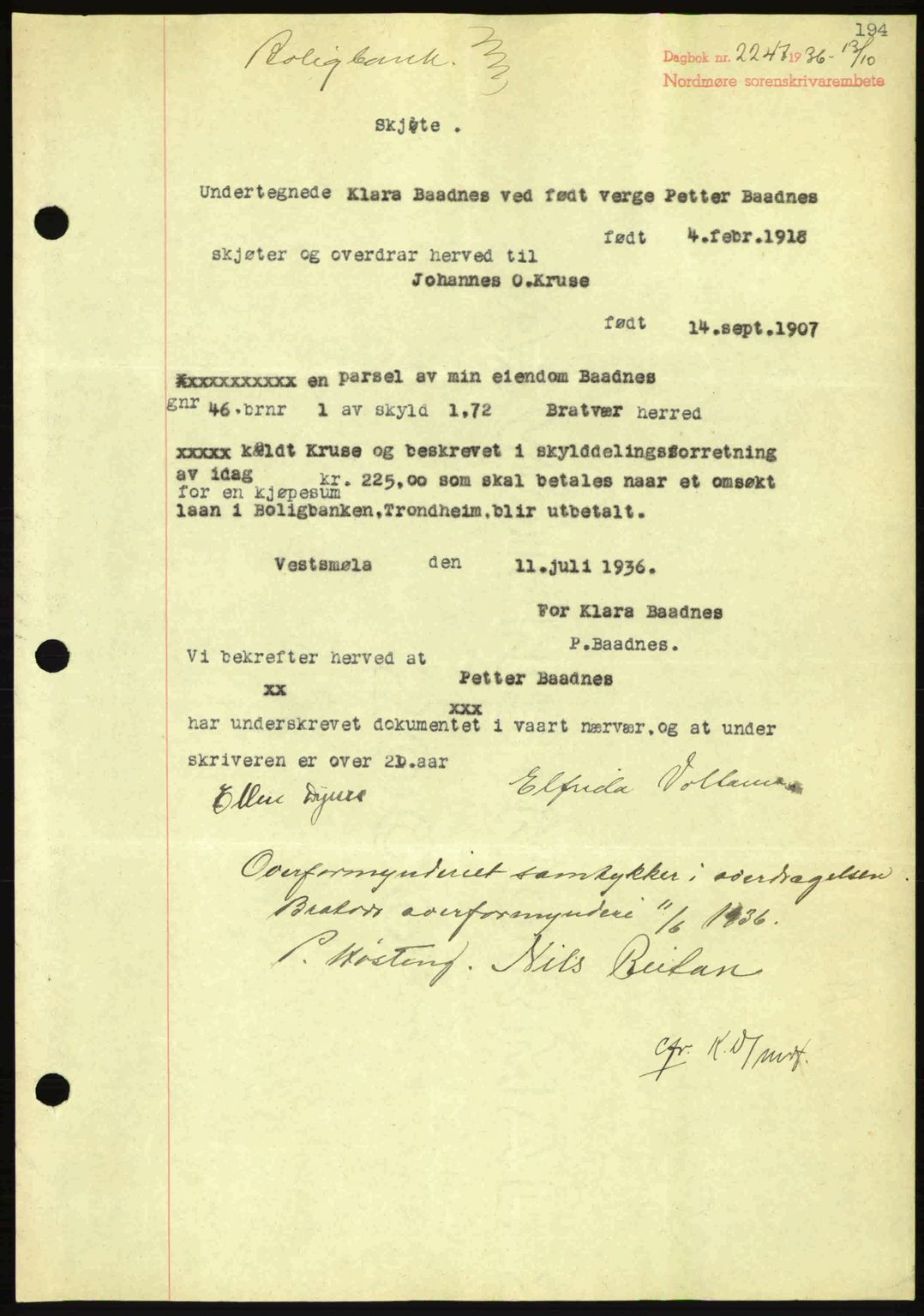 Nordmøre sorenskriveri, SAT/A-4132/1/2/2Ca: Pantebok nr. A80, 1936-1937, Dagboknr: 2247/1936