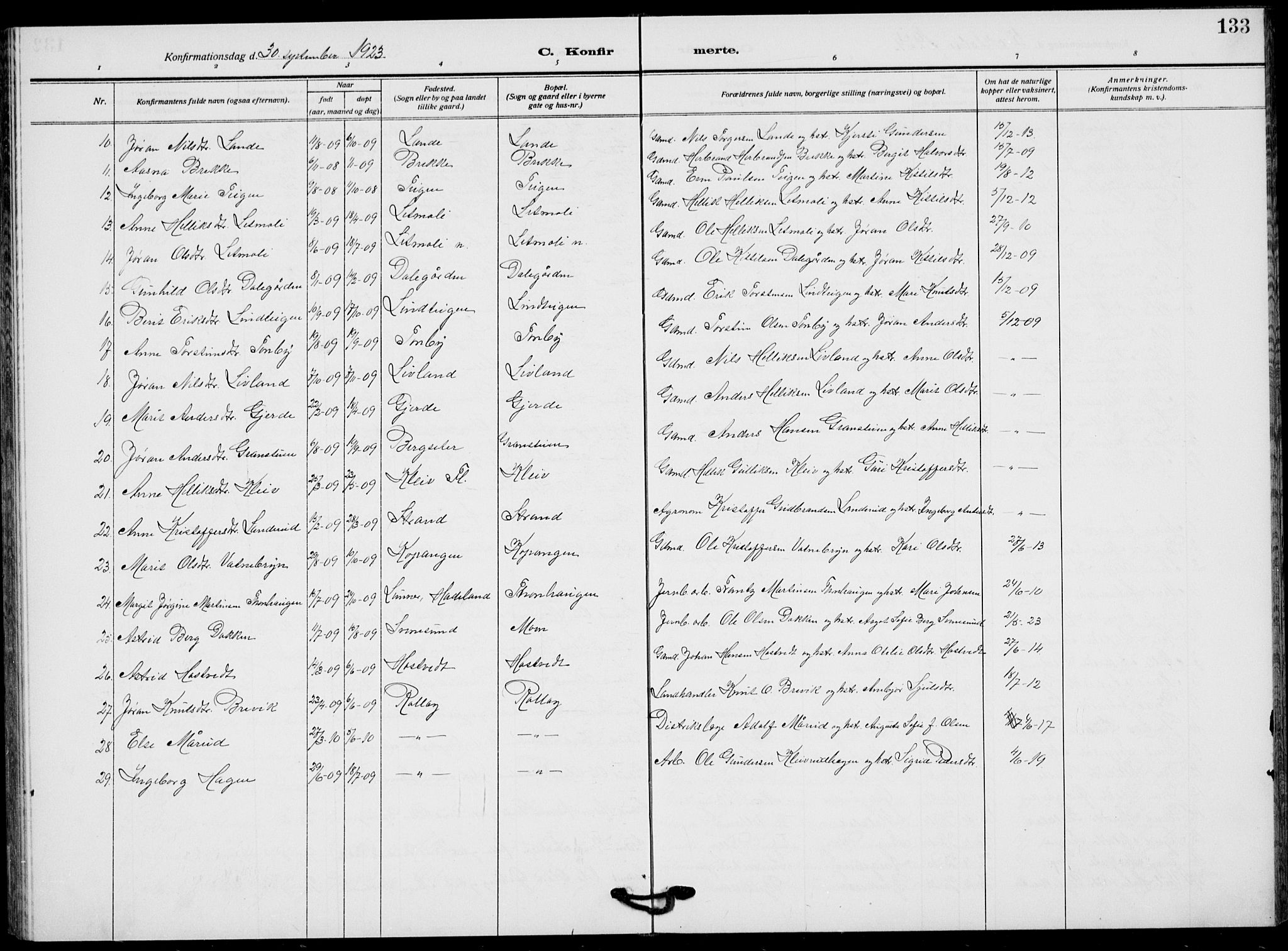 Flesberg kirkebøker, AV/SAKO-A-18/G/Ga/L0006: Klokkerbok nr. I 6, 1909-1924, s. 133