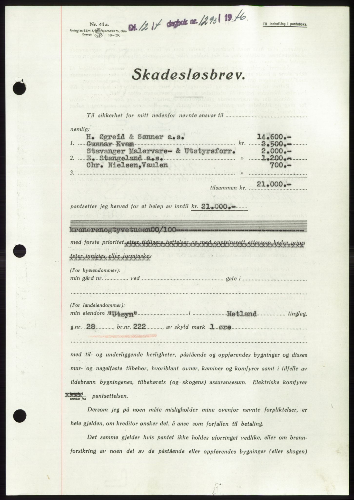Jæren sorenskriveri, SAST/A-100310/03/G/Gba/L0089: Pantebok, 1946-1946, Dagboknr: 1293/1946