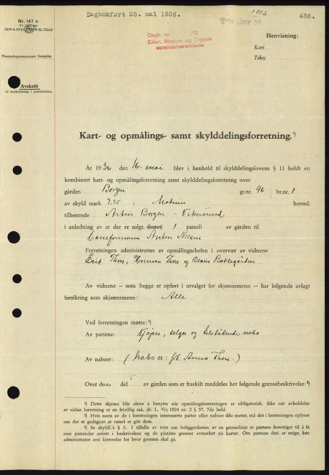 Eiker, Modum og Sigdal sorenskriveri, SAKO/A-123/G/Ga/Gab/L0032: Pantebok nr. A2, 1936-1936, Dagboknr: 1126/1936
