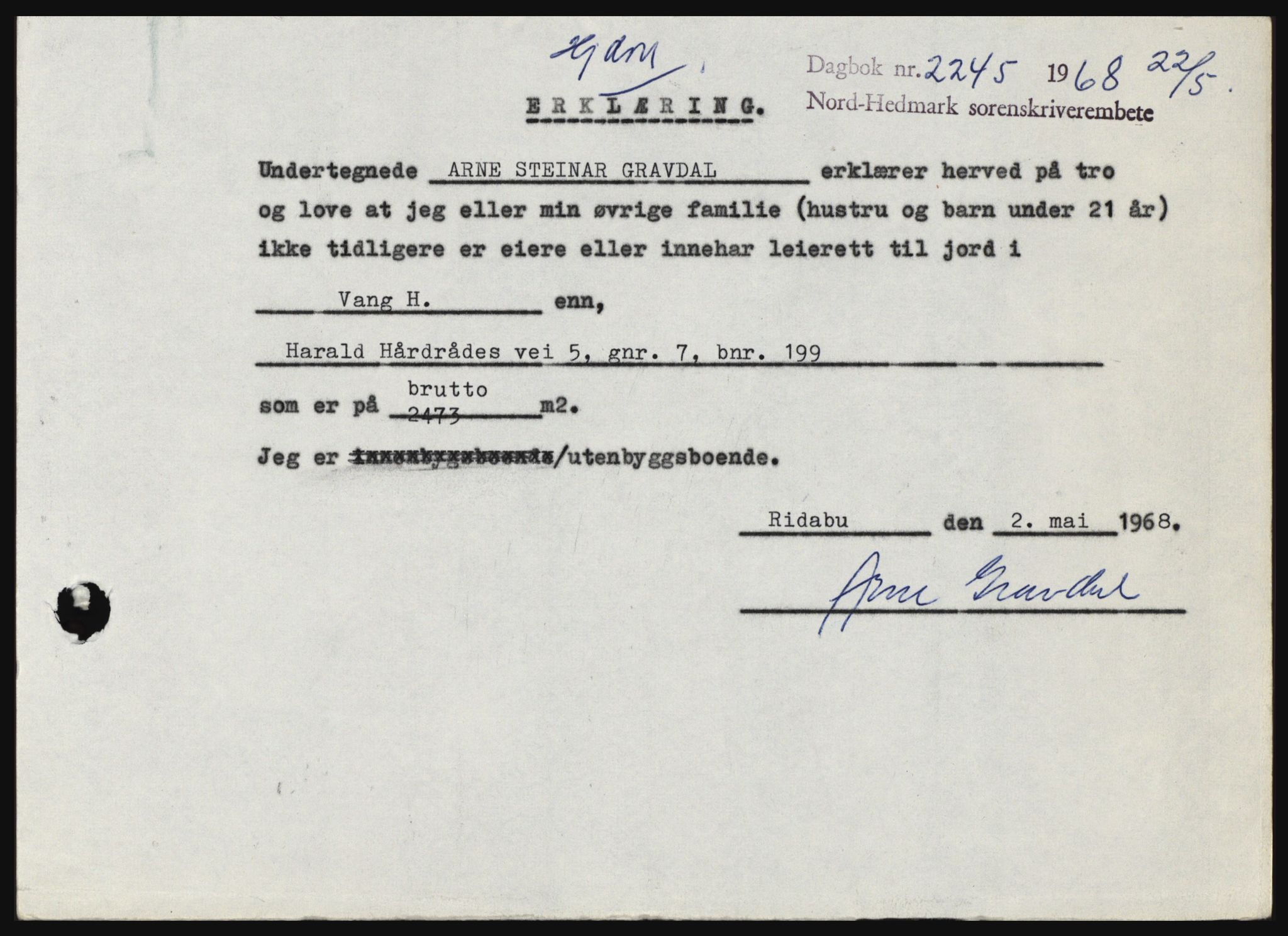 Nord-Hedmark sorenskriveri, SAH/TING-012/H/Hc/L0028: Pantebok nr. 28, 1968-1968, Dagboknr: 2245/1968