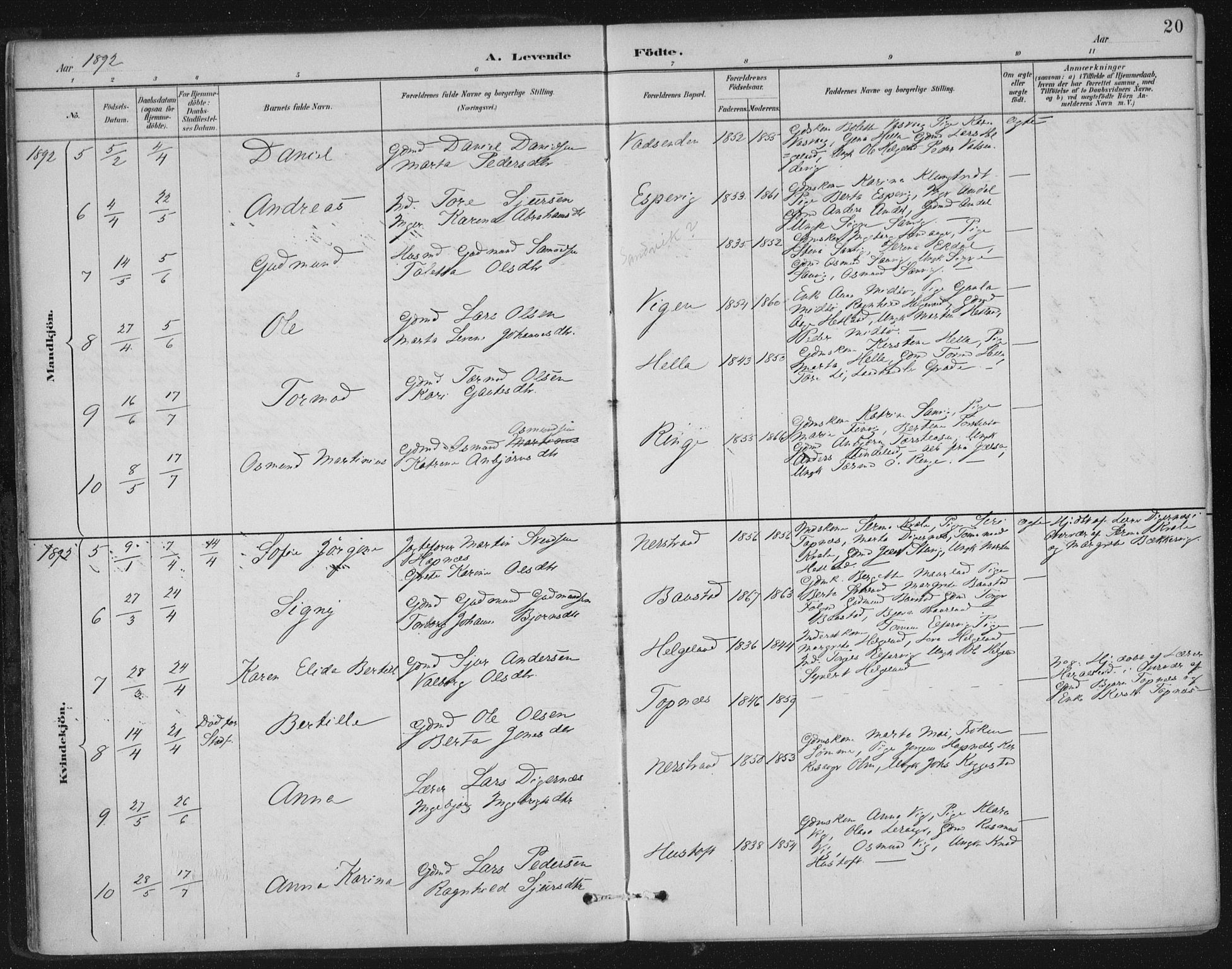 Nedstrand sokneprestkontor, AV/SAST-A-101841/01/IV: Ministerialbok nr. A 12, 1887-1915, s. 20