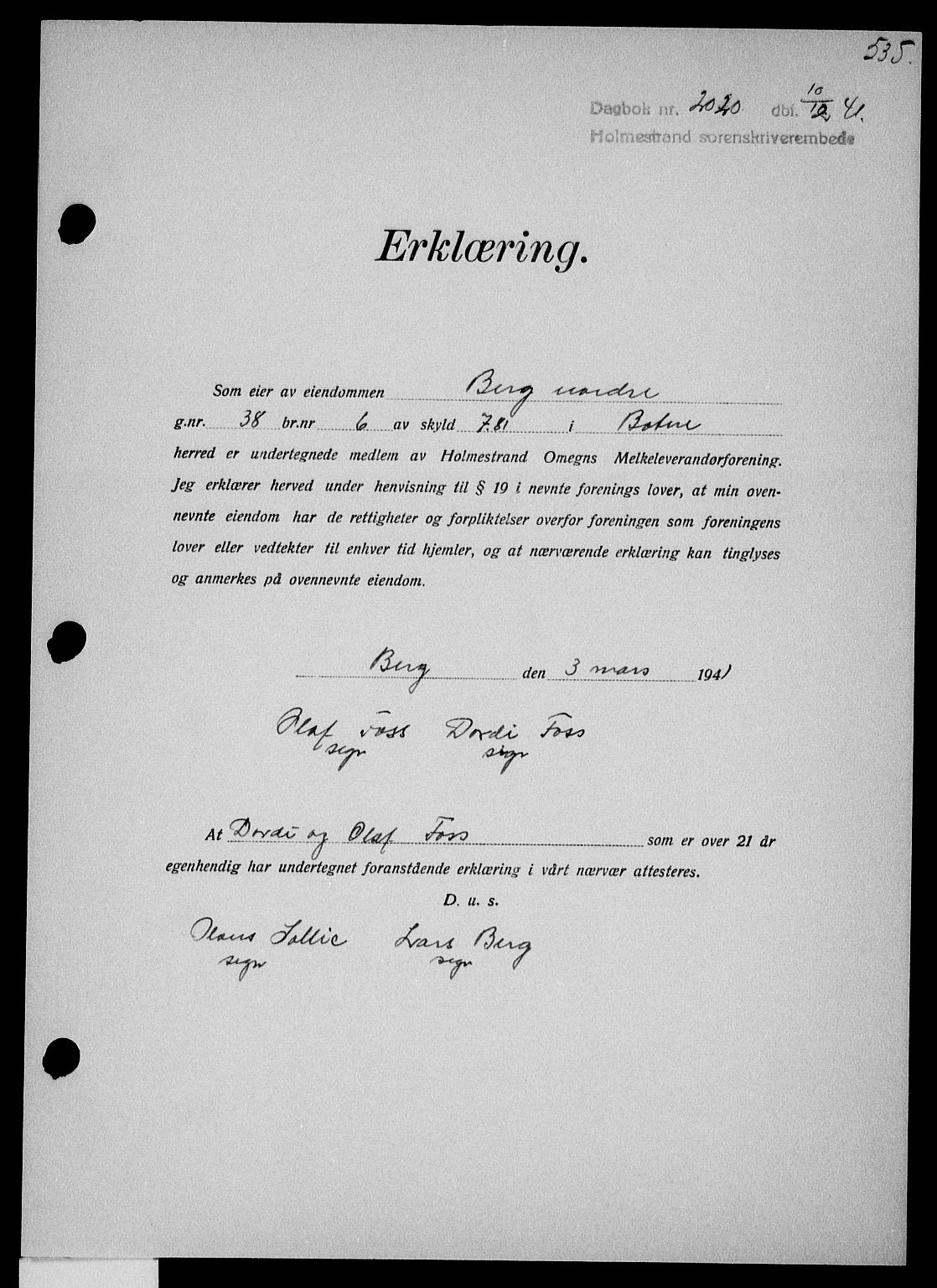 Holmestrand sorenskriveri, SAKO/A-67/G/Ga/Gaa/L0054: Pantebok nr. A-54, 1941-1942, Dagboknr: 2020/1941