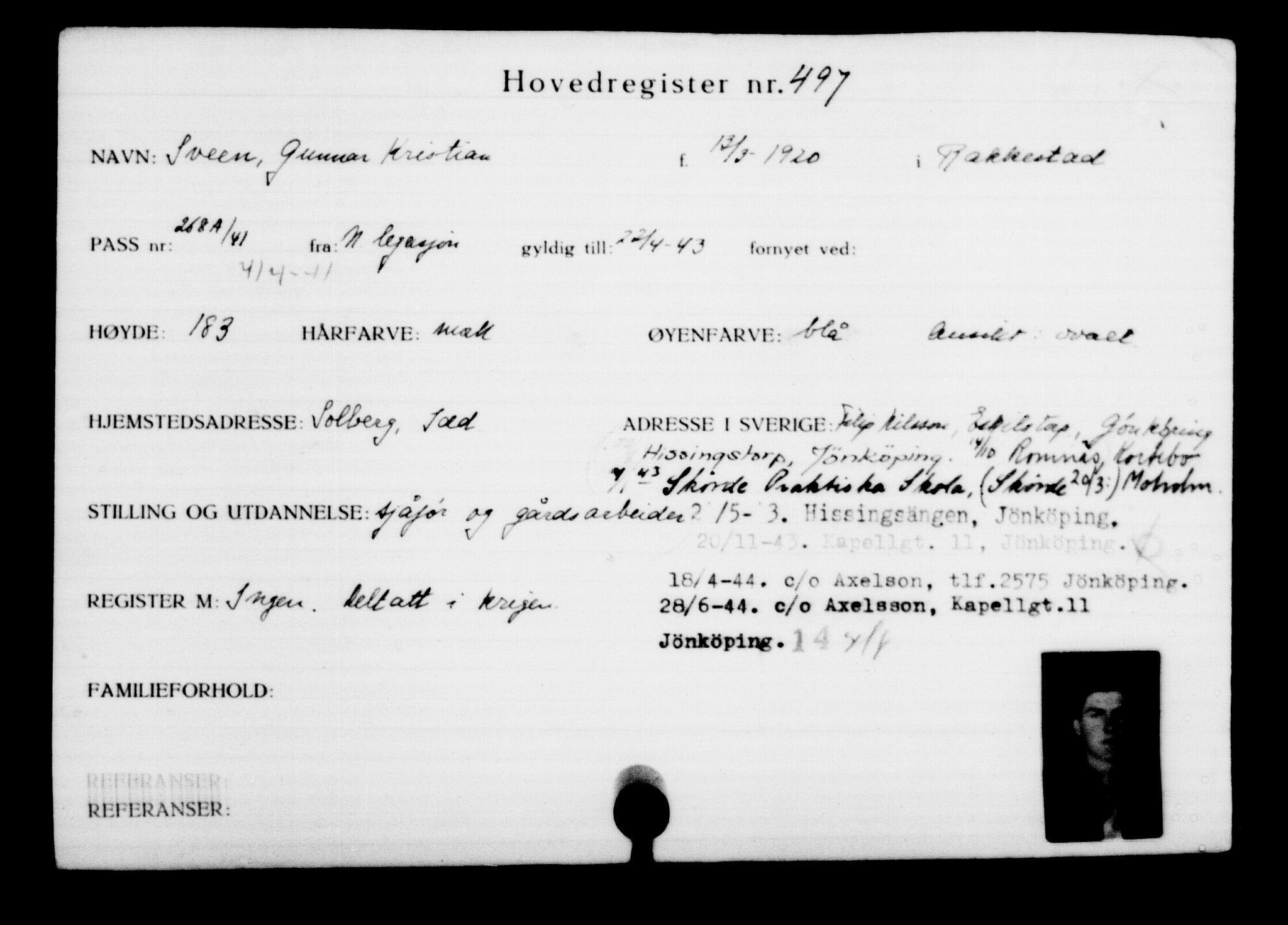 Utenriksstasjonene, Legasjonen i Stockholm, Flyktningkontoret, AV/RA-S-6753/V/Va/L0001: Kjesäterkartoteket, flyktninger med registreringsnr. 1-1000, 1940-1945, s. 766