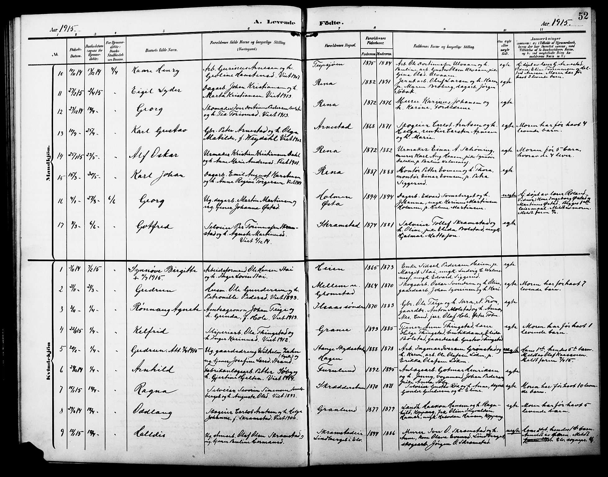 Åmot prestekontor, Hedmark, AV/SAH-PREST-056/H/Ha/Hab/L0004: Klokkerbok nr. 4, 1905-1920, s. 52